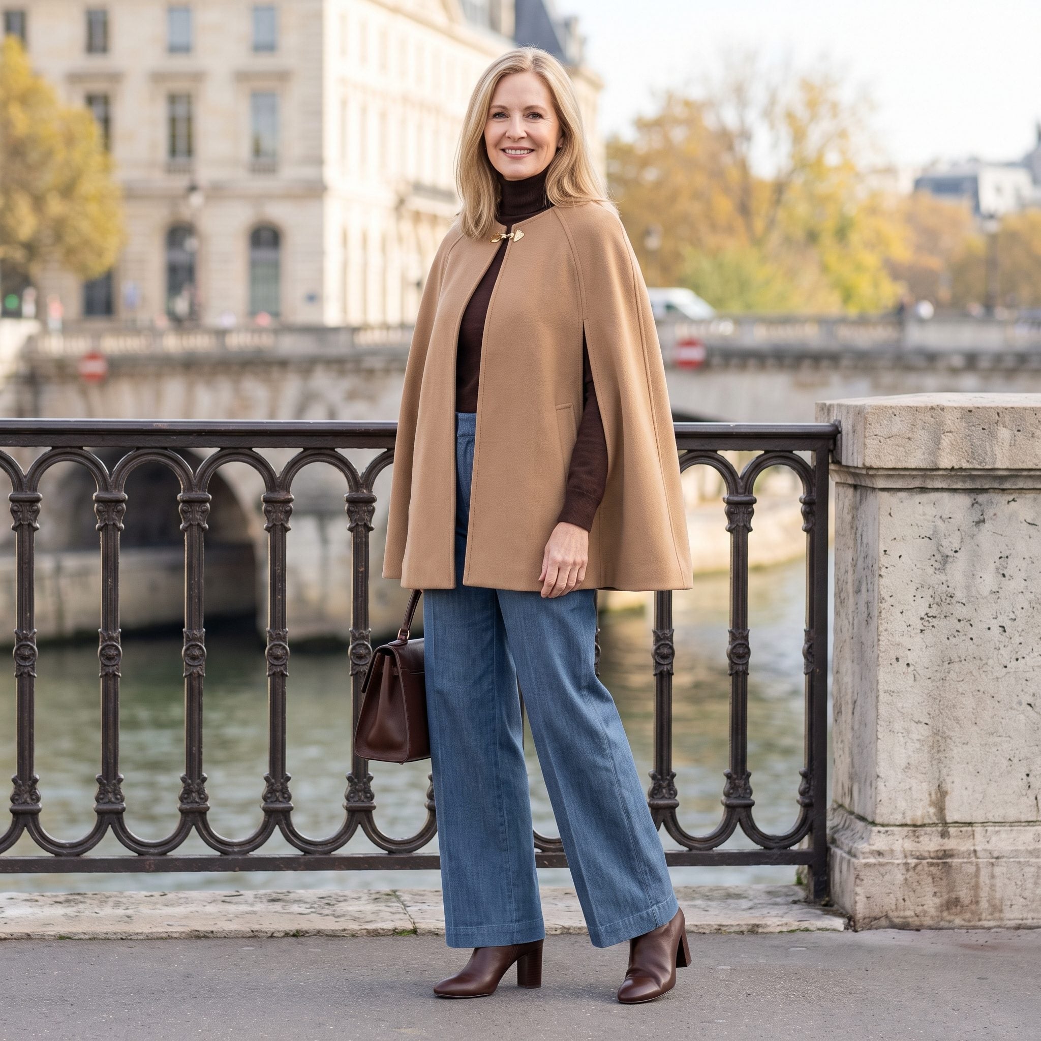 Slate-Blue Trouser Jeans + a Camel Wool Cape