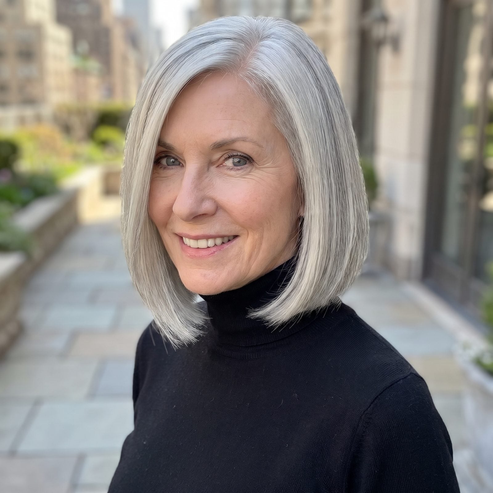 Sleek Silver Bob With a Side Part