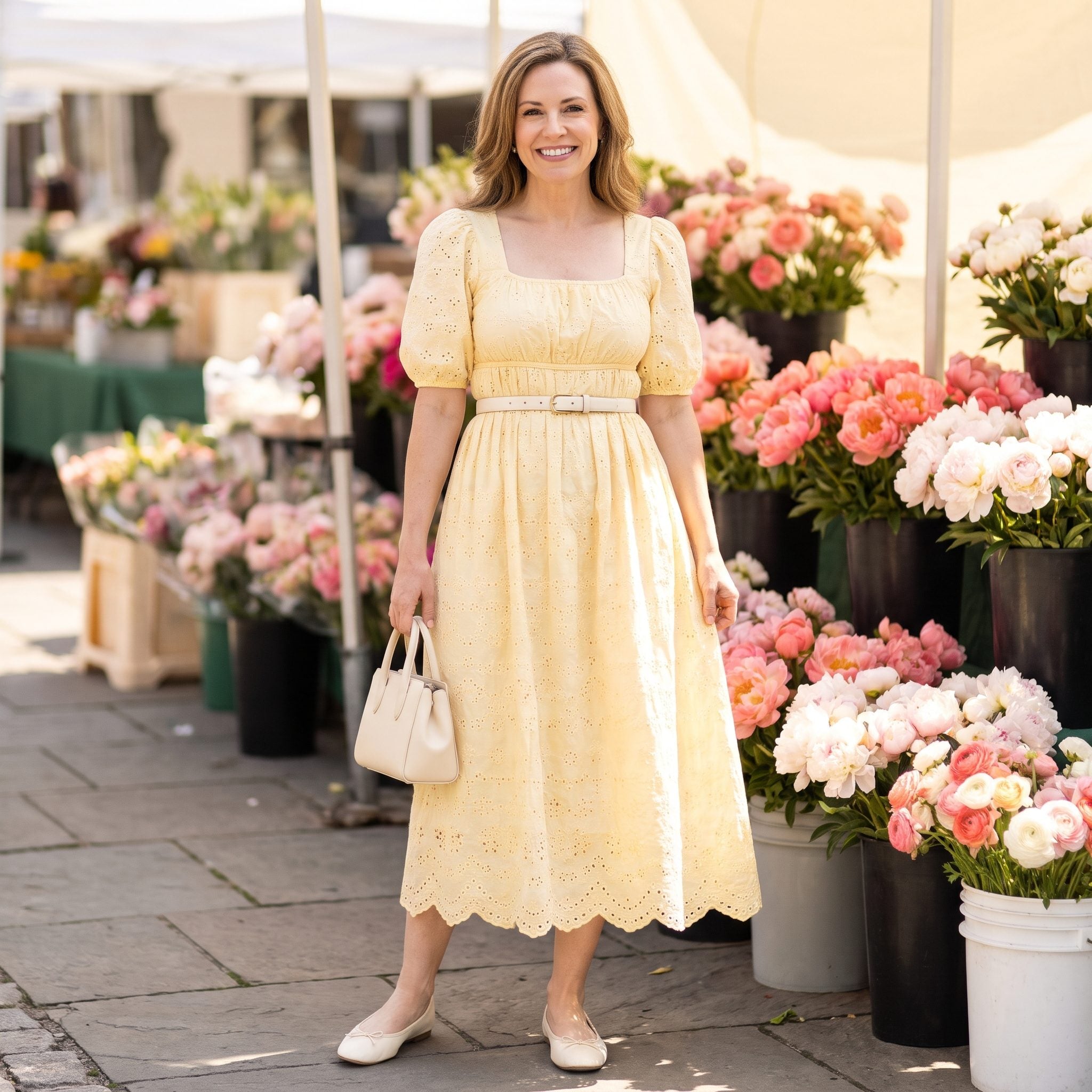 Pale-yellow eyelet dress with a slim empire belt and ivory accessories