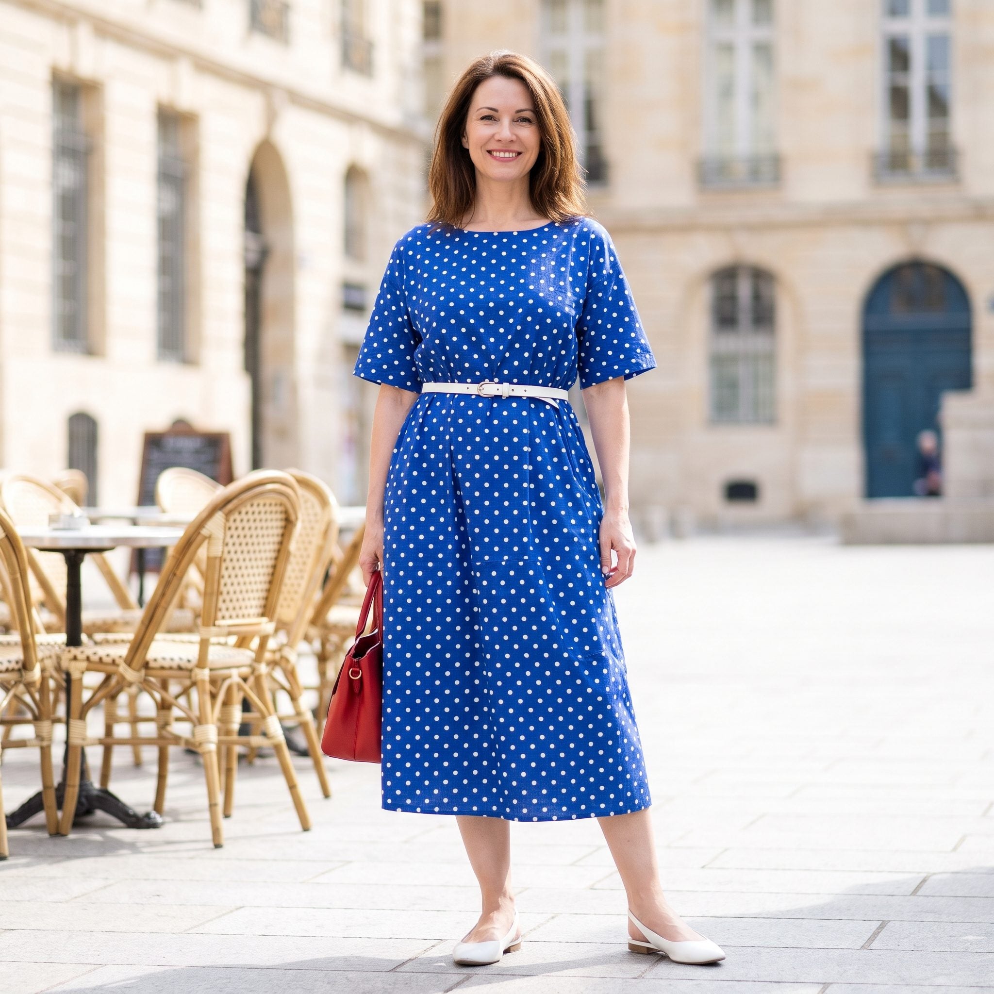 Cobalt polka-dot dress with a slim white belt worn high beneath the bust