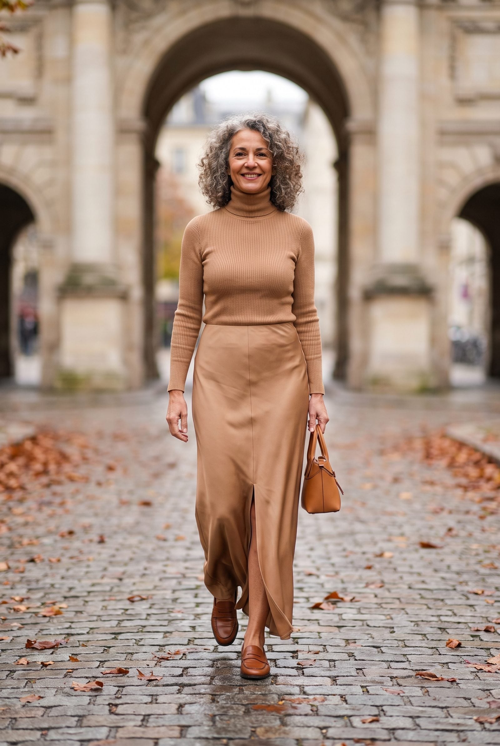 Slim Turtleneck and Front-Slit Maxi Skirt with Loafers