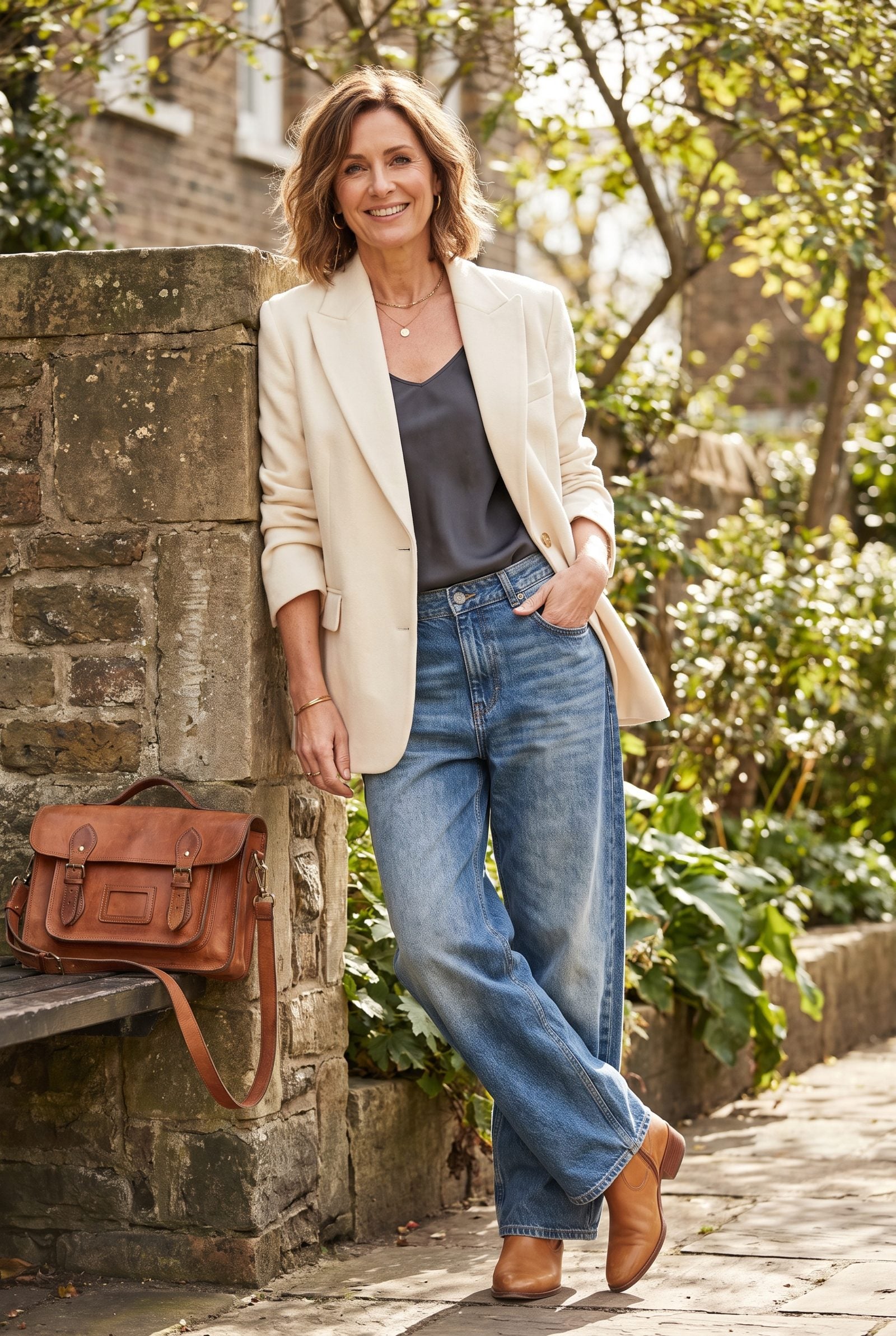 Woman walking on a sidewalk in relaxed high-waisted slouch jeans with a cuffed hem, crisp white shirt, and a blazer over her