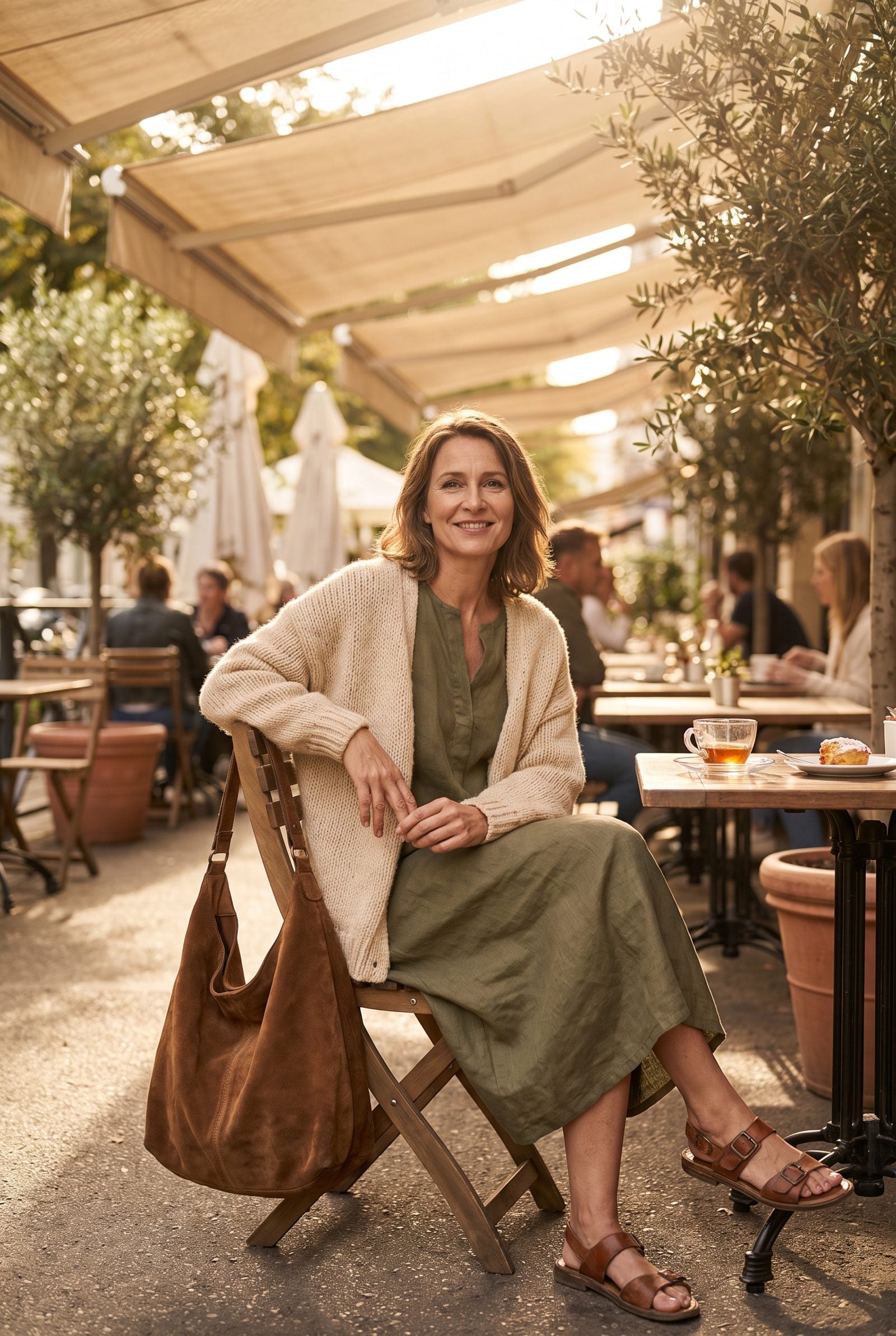 Soft tan slouchy hobo bag hanging by its worn strap on an entryway hook beside a coat.