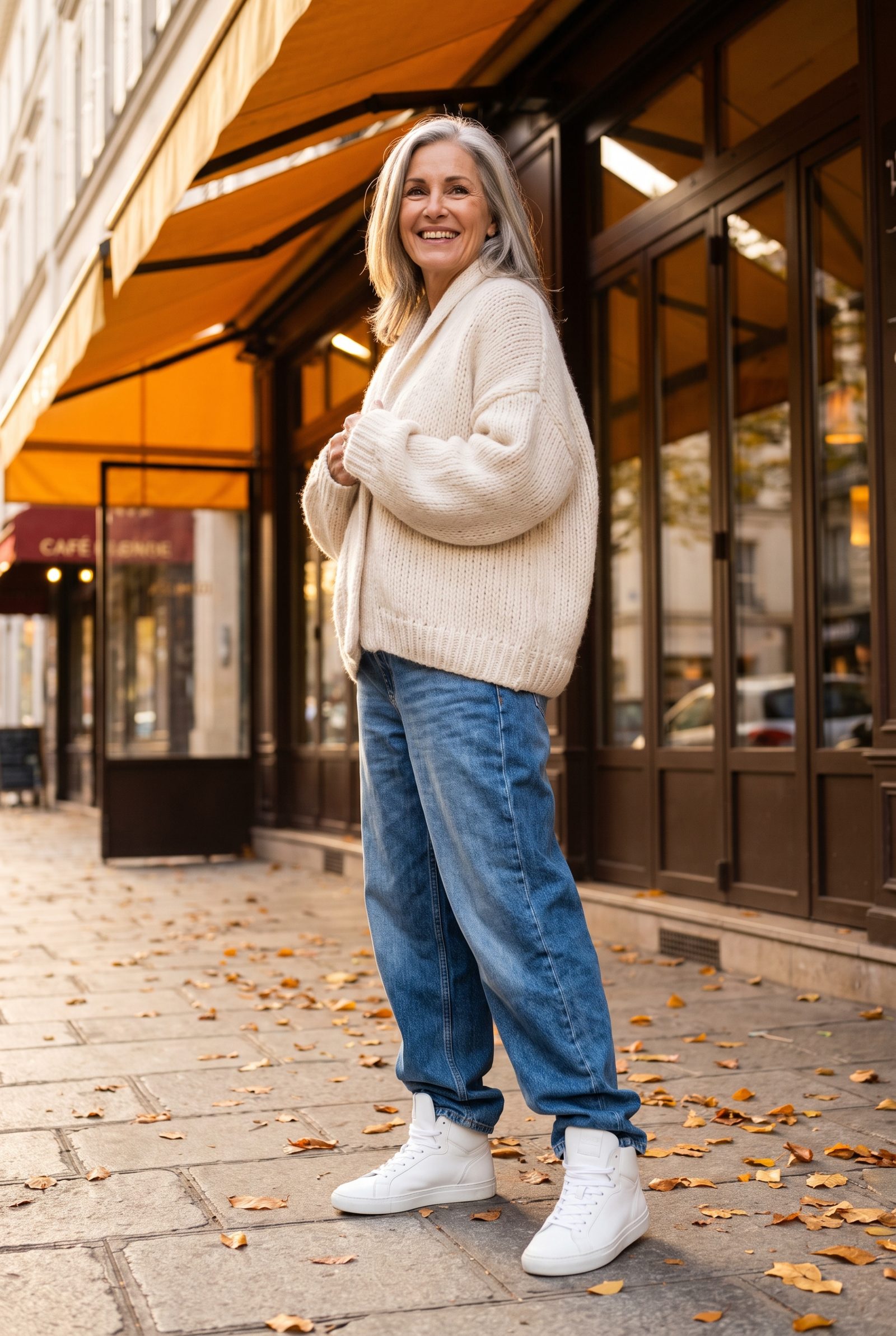 Slouchy Jeans With Streamlined High-Top Sneakers