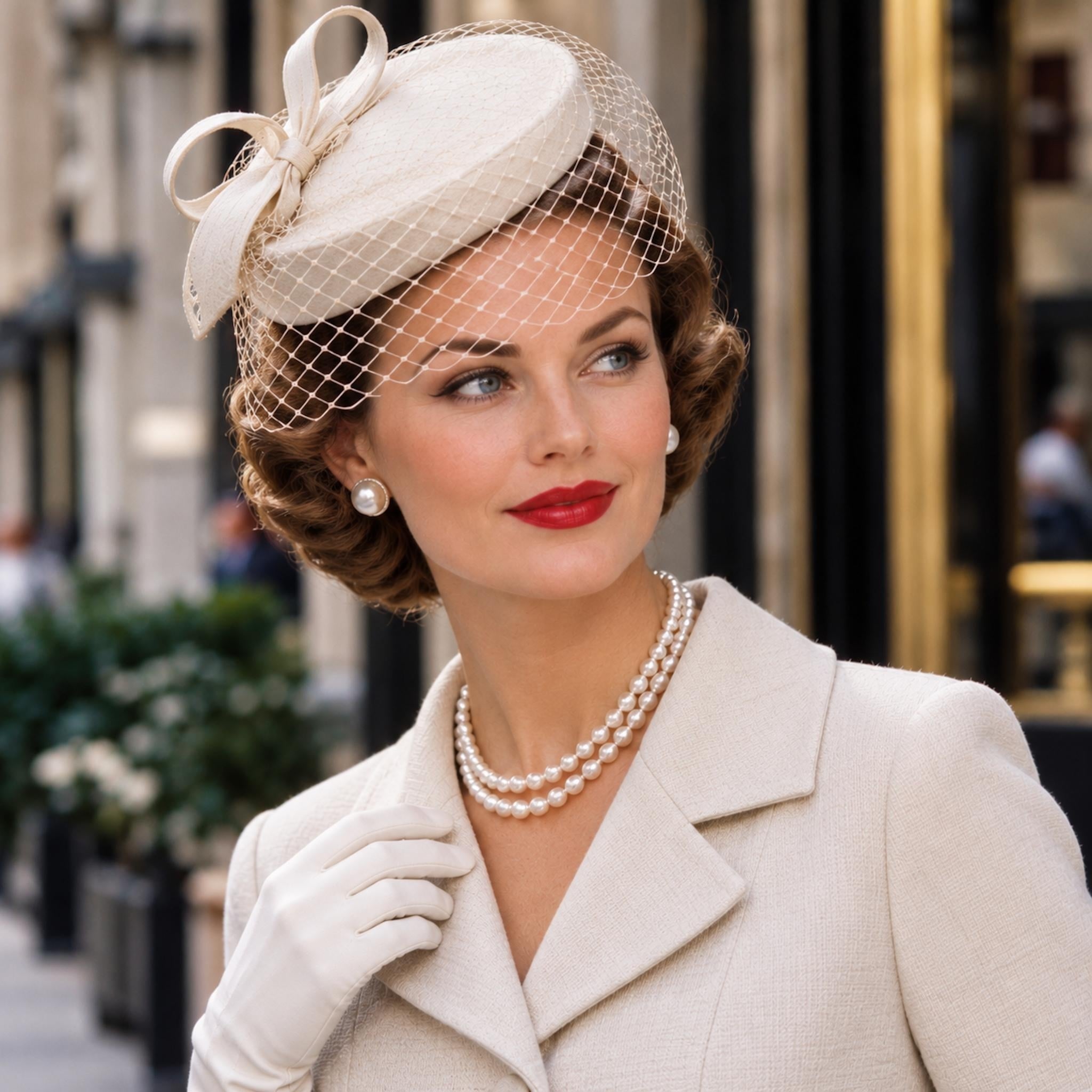 Elegant woman wearing a small ivory 1950s dress hat with delicate veiling and a tailored outfit