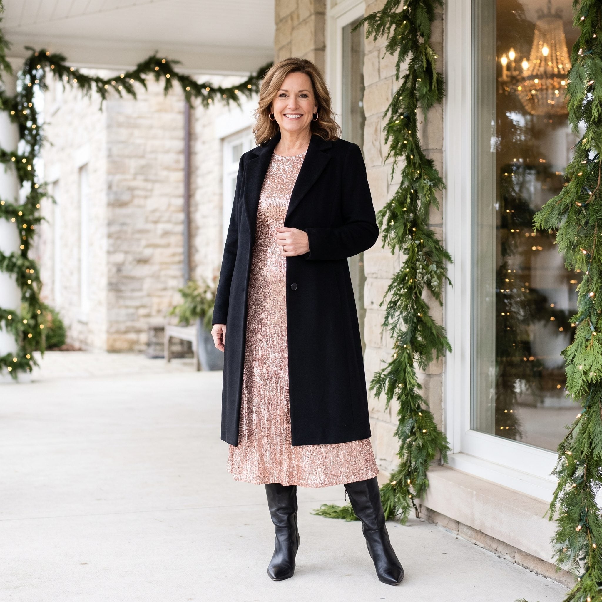 Woman in a rose-gold sequined midi dress opening a smooth black cashmere coat in a party foyer