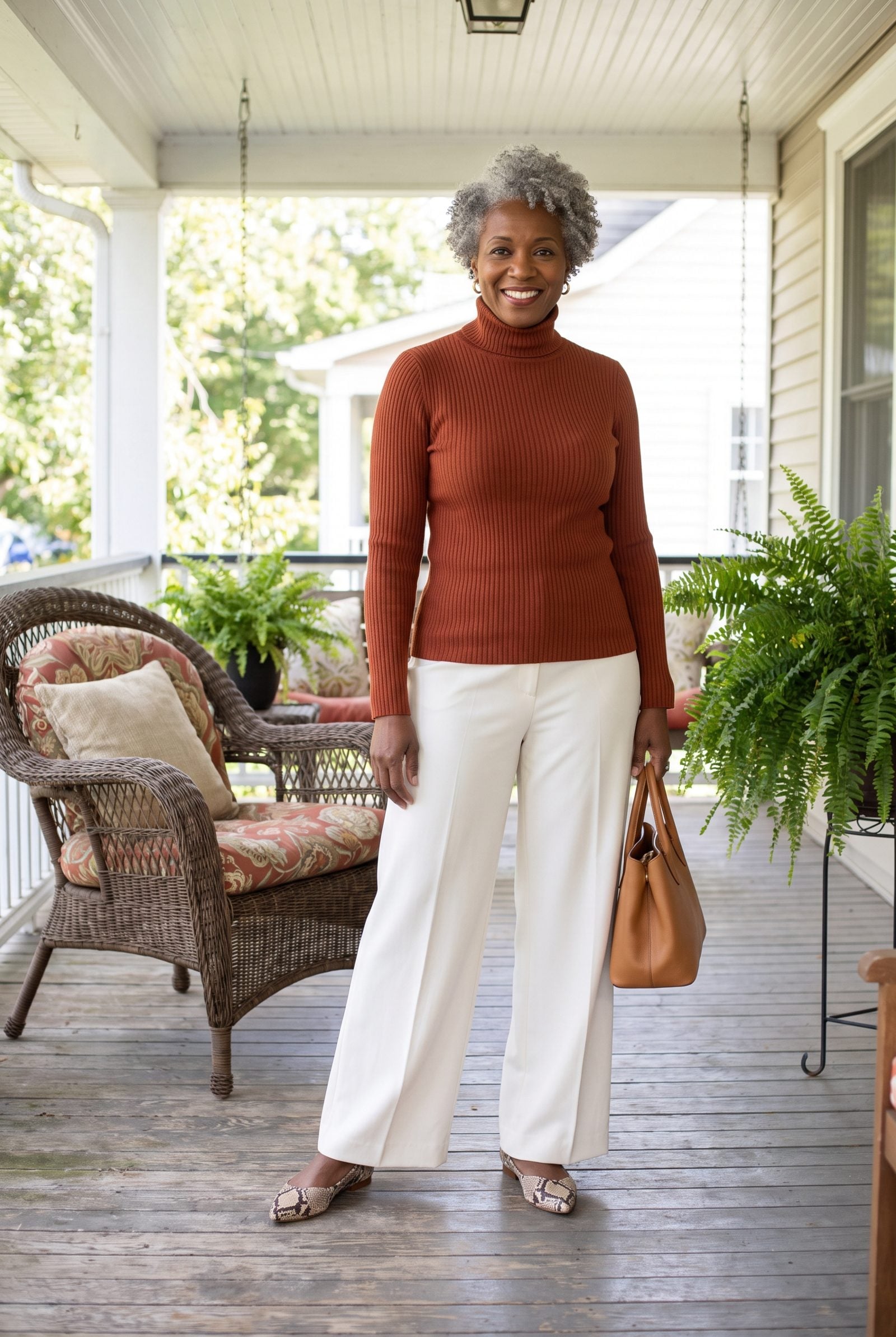 Snake-Print Pointed Flats Under a Rust Turtleneck and Ivory Wide-Leg Trousers