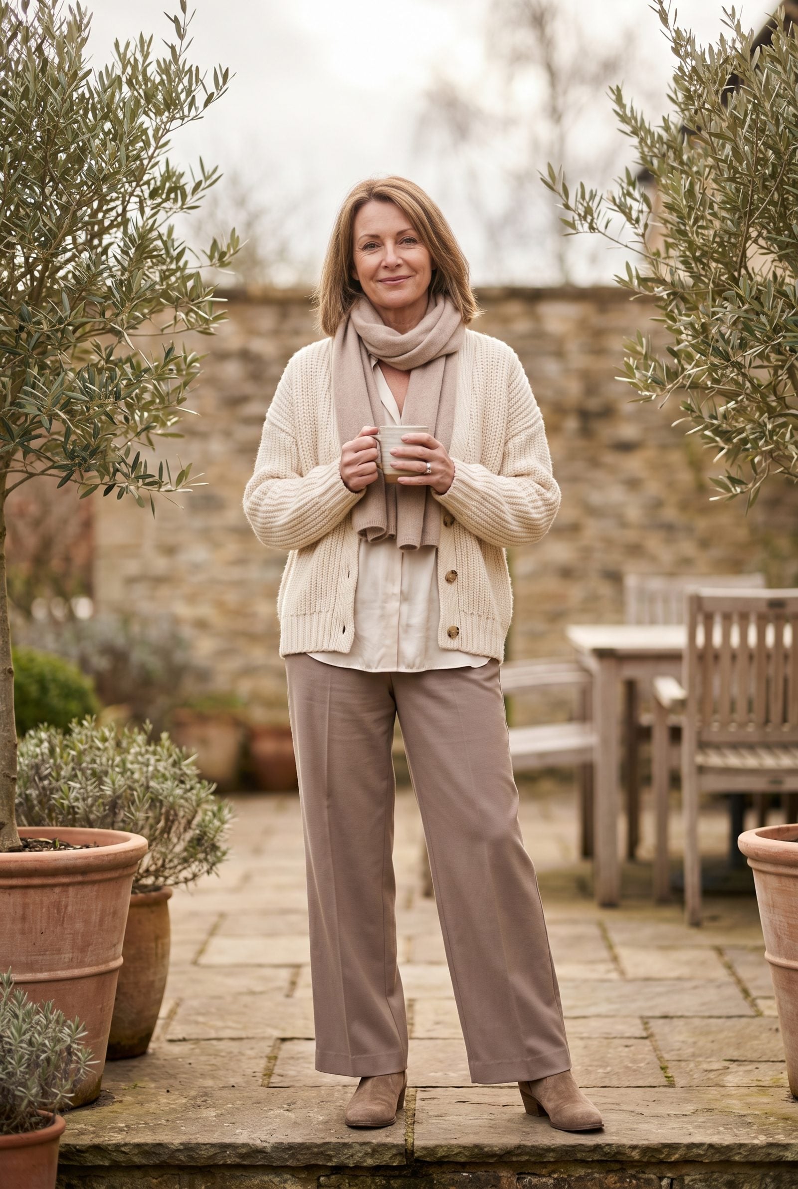 Woman aged 57 outdoors with soft layered shoulder-length warm brown hair and a blush knit cardigan.
