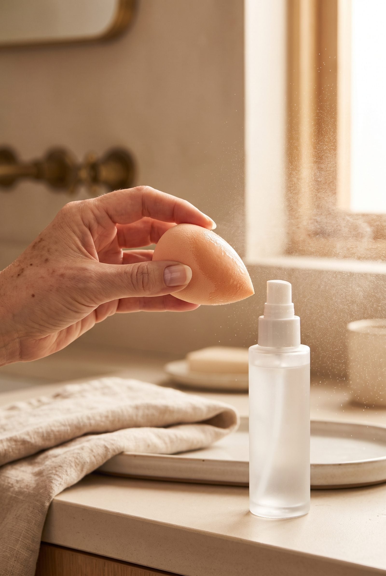 Spray Setting Mist Onto a Sponge for Controlled Application