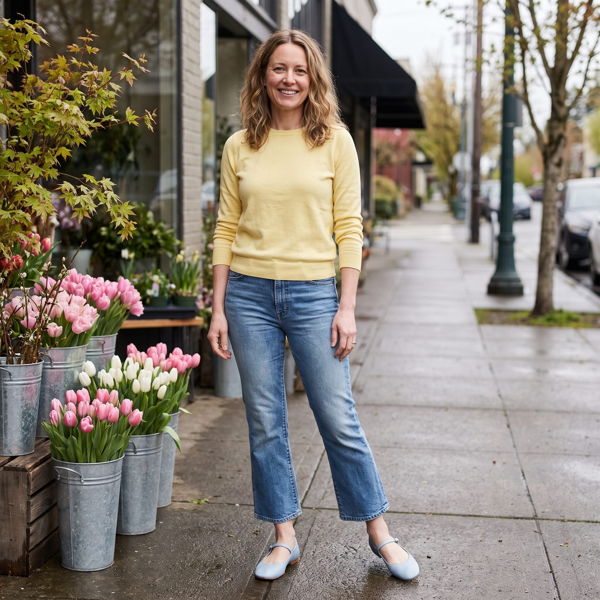 Spring outfit with cropped kick-flare jeans, a yellow cotton sweater, and pale-blue Mary Janes