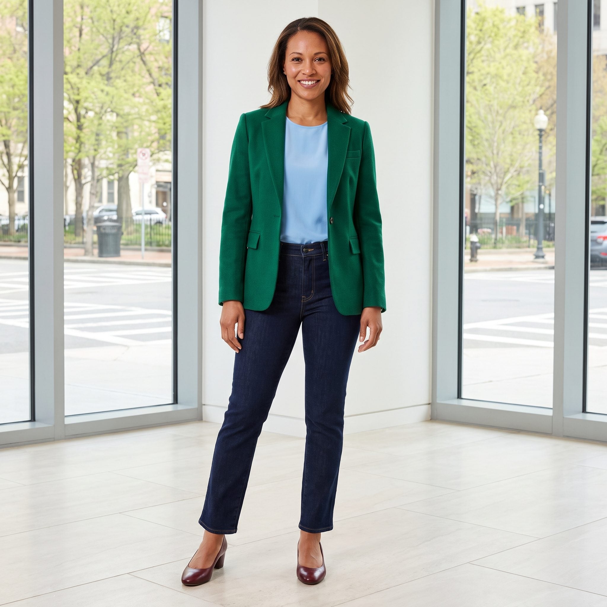 Spring outfit with dark slim-straight jeans, an emerald blazer, and burgundy pumps