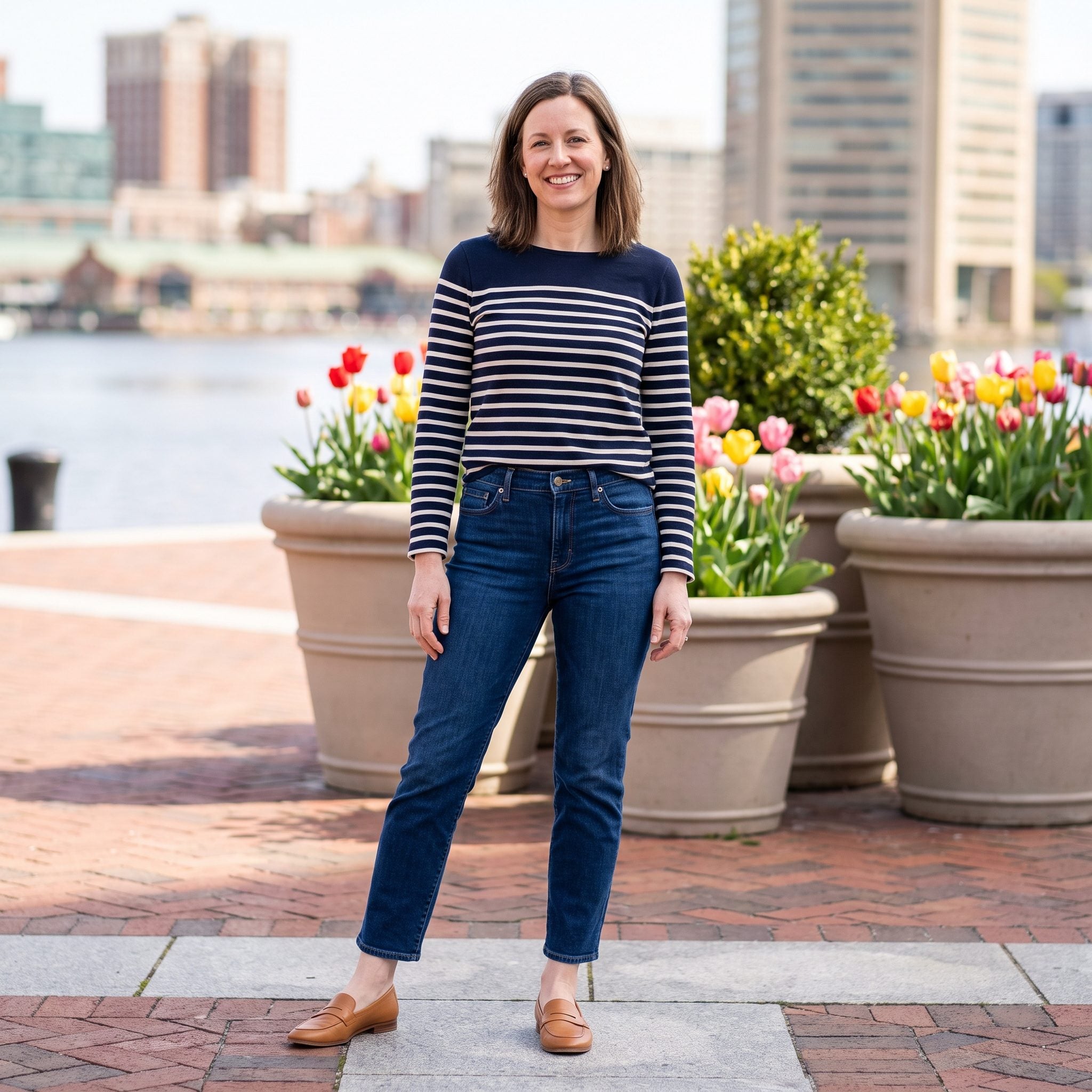 Spring outfit with deep-blue cigarette jeans, a Breton striped top, and tan loafers