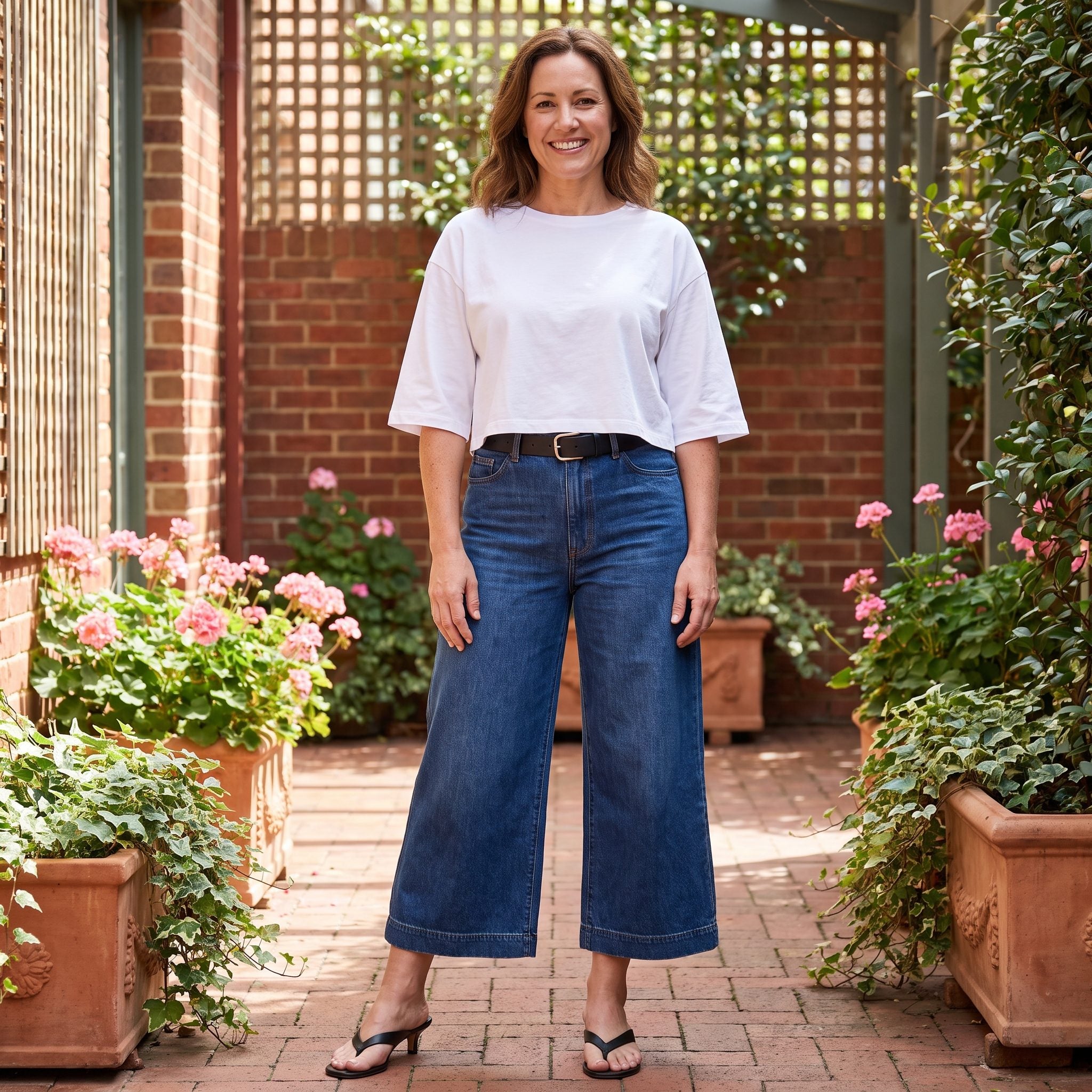 Spring outfit with wide denim culottes, a white cropped tee, and black sandals