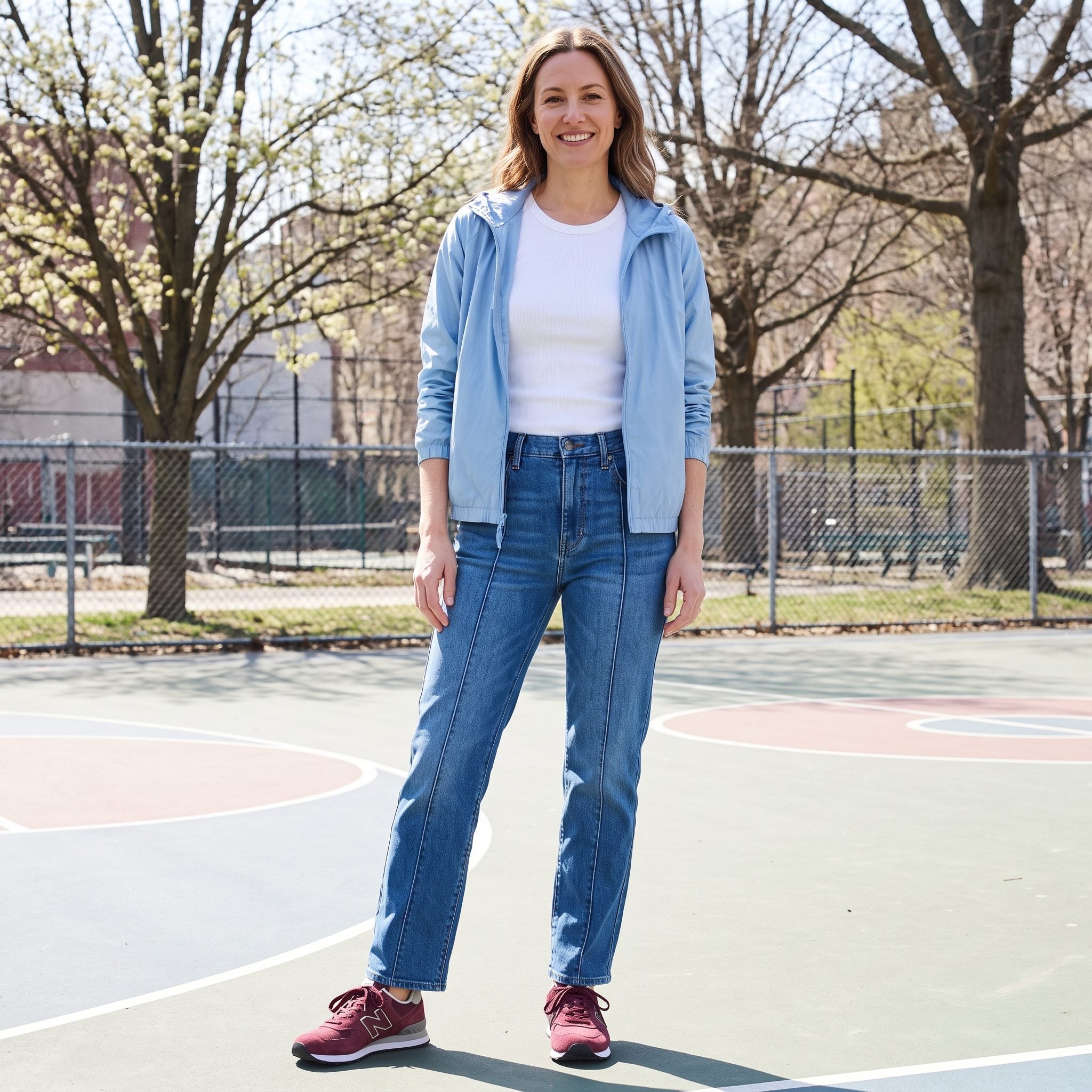 Spring outfit with front-seam stovepipe jeans, a powder-blue windbreaker, and burgundy sneakers