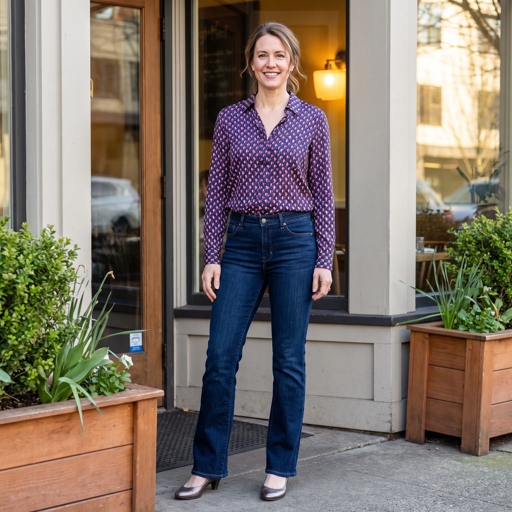 Spring evening outfit with indigo bootcut jeans, a printed silk blouse, and pewter heels