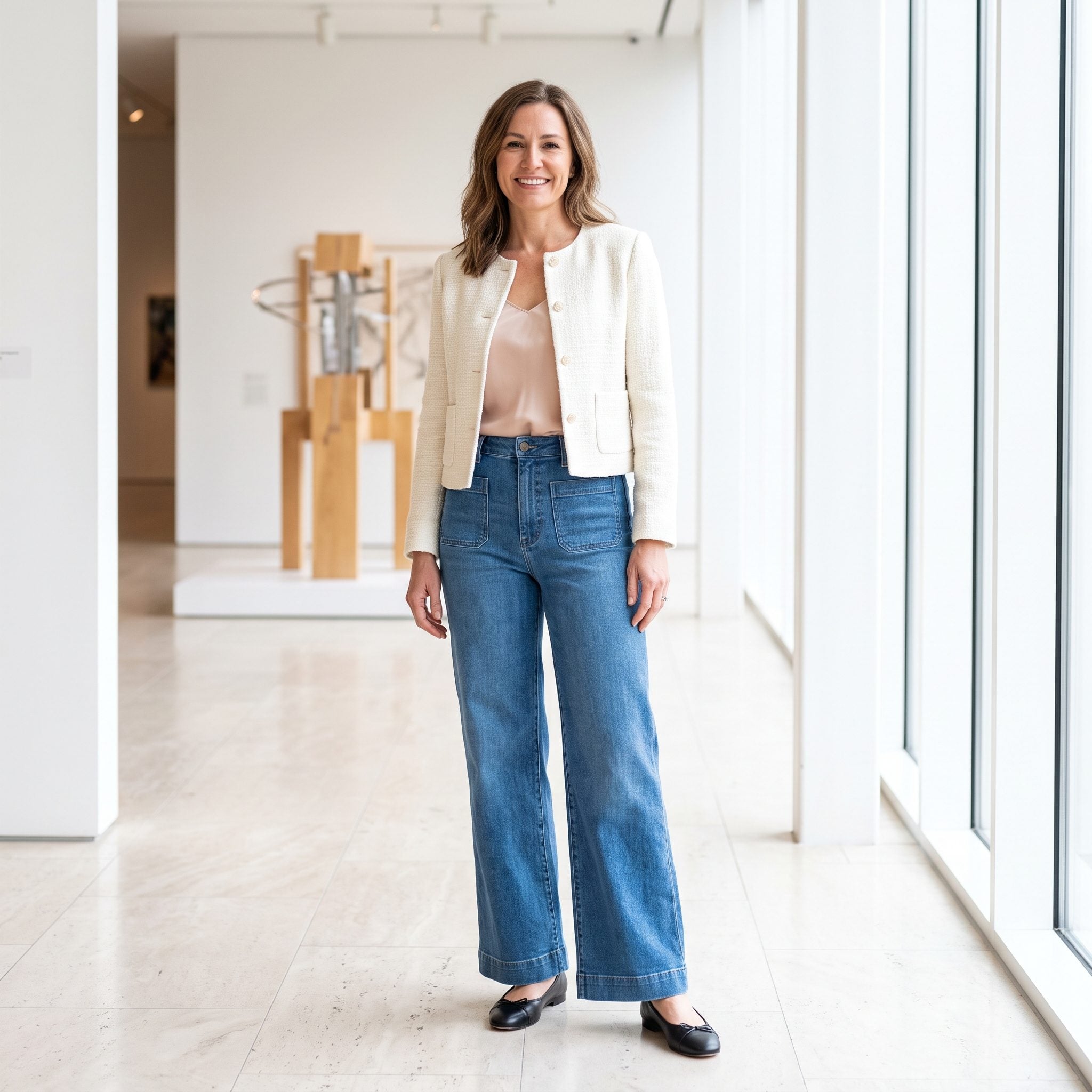 Spring outfit with patch-pocket wide-leg jeans and a cropped ivory tweed jacket