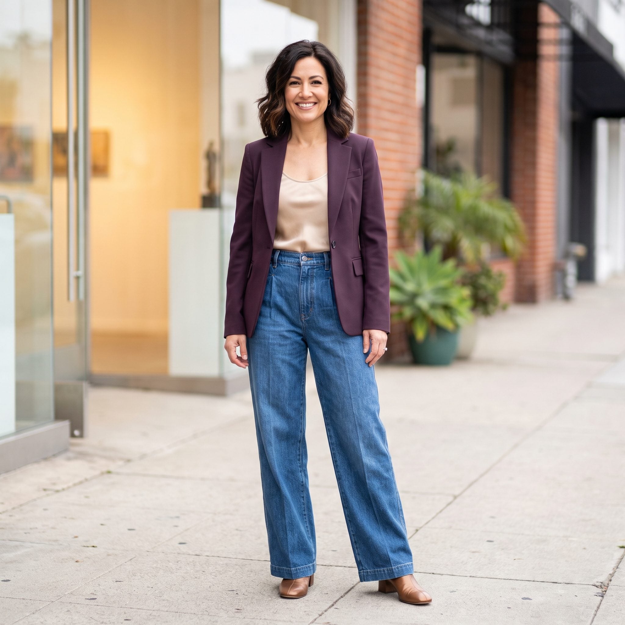 Spring evening outfit with pleated trouser jeans, aubergine tailoring, and bronze heels