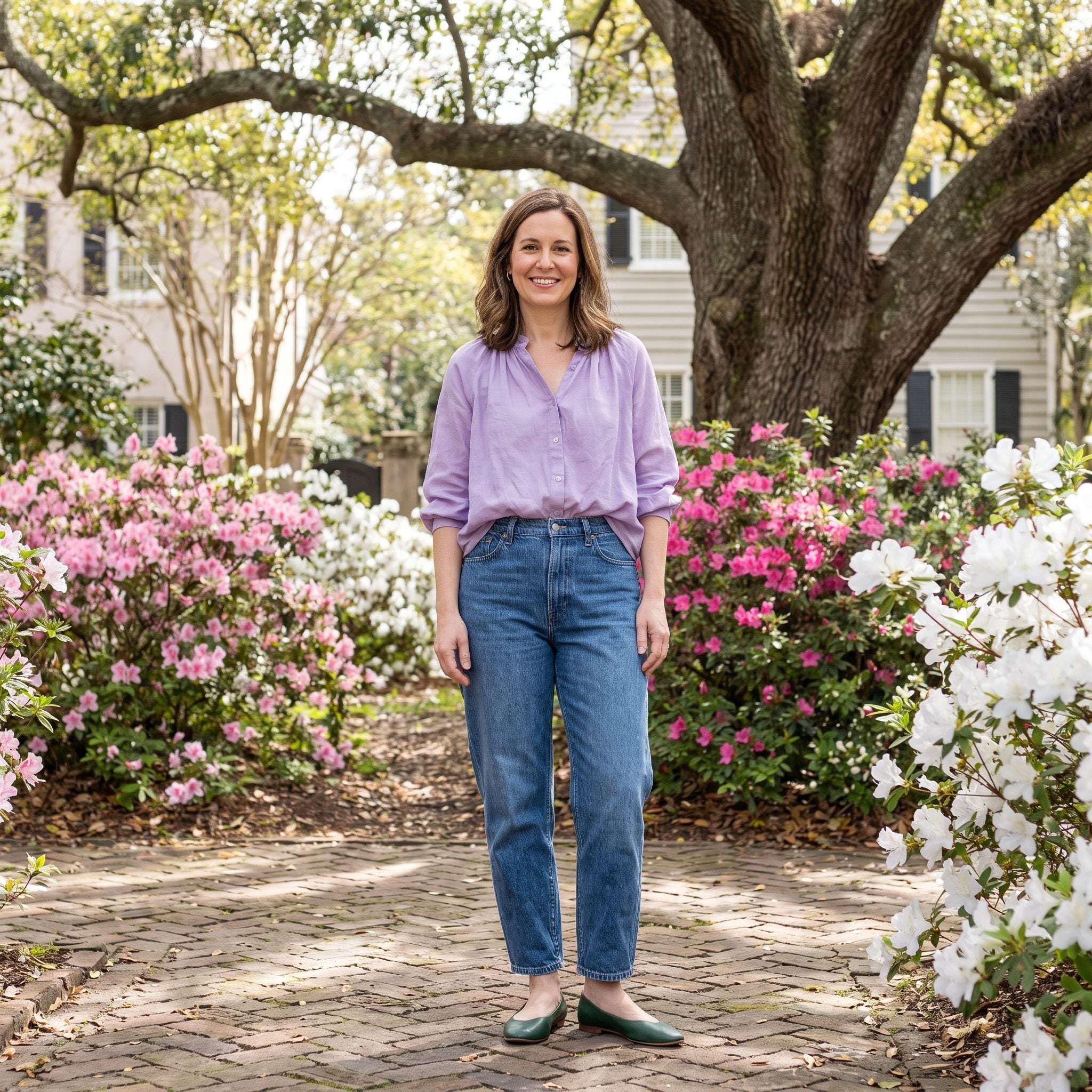 Spring outfit with vintage barrel jeans, a lavender blouse, and green flats