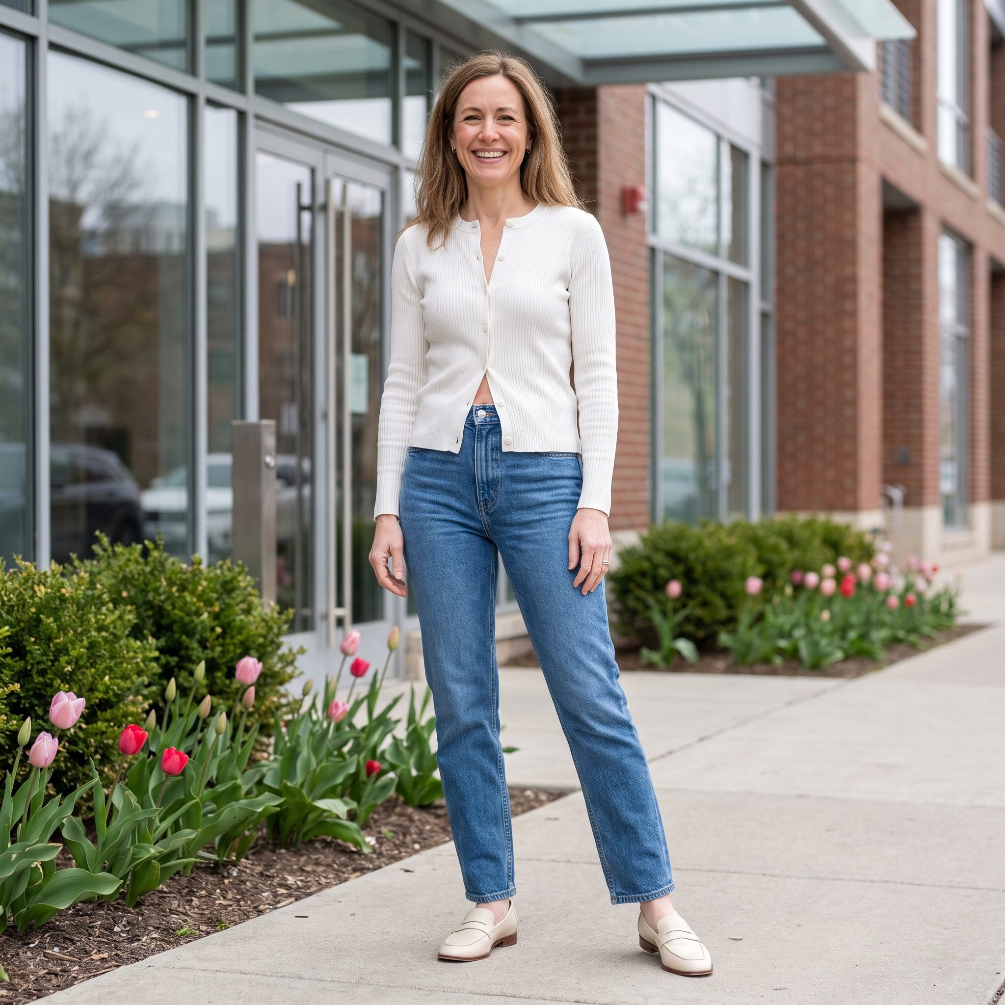 Spring outfit with a white cardigan, straight-leg blue jeans, and cream loafers