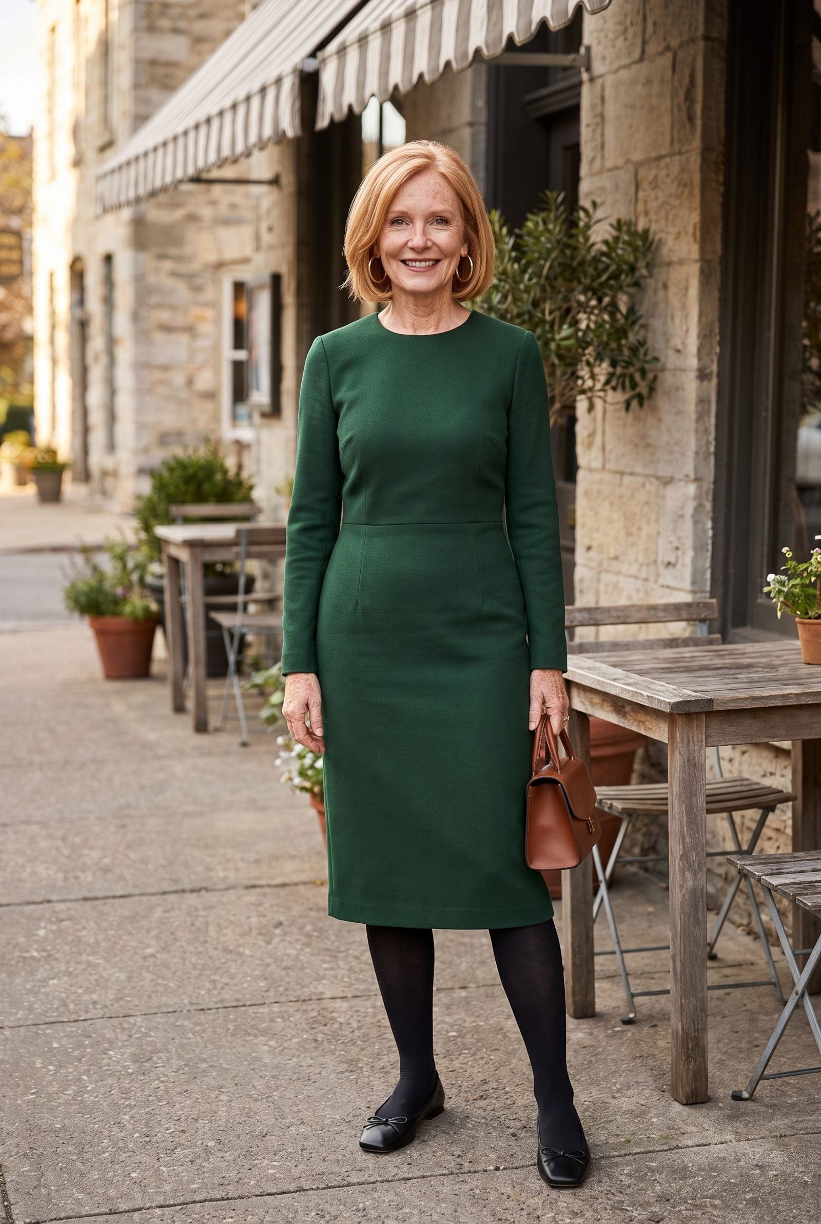 Square-Toe Black Ballet Flats With a Forest-Green Sheath Dress and Gold Hoops