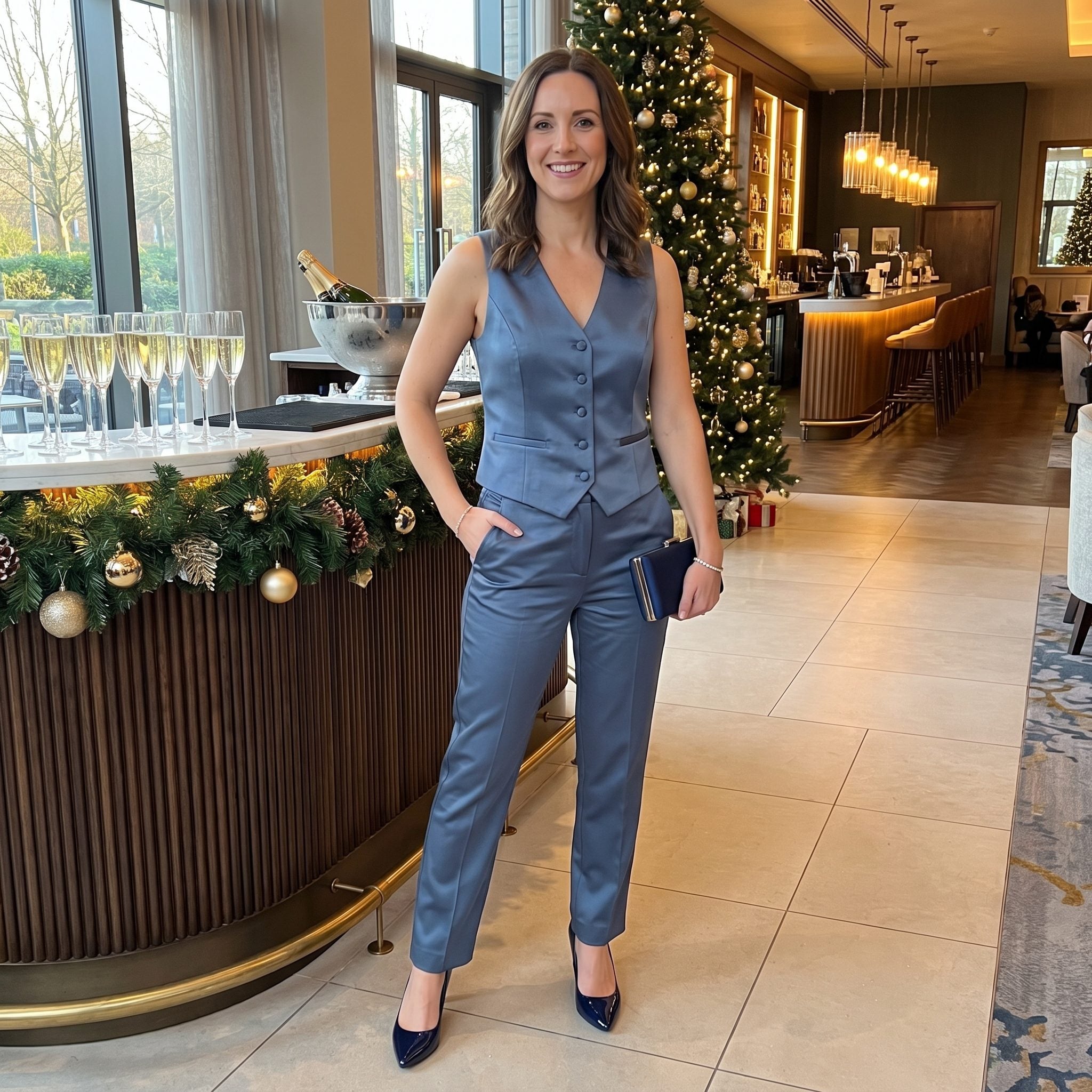 Steel-Blue Satin Waistcoat Suit, Worn Without the Jacket