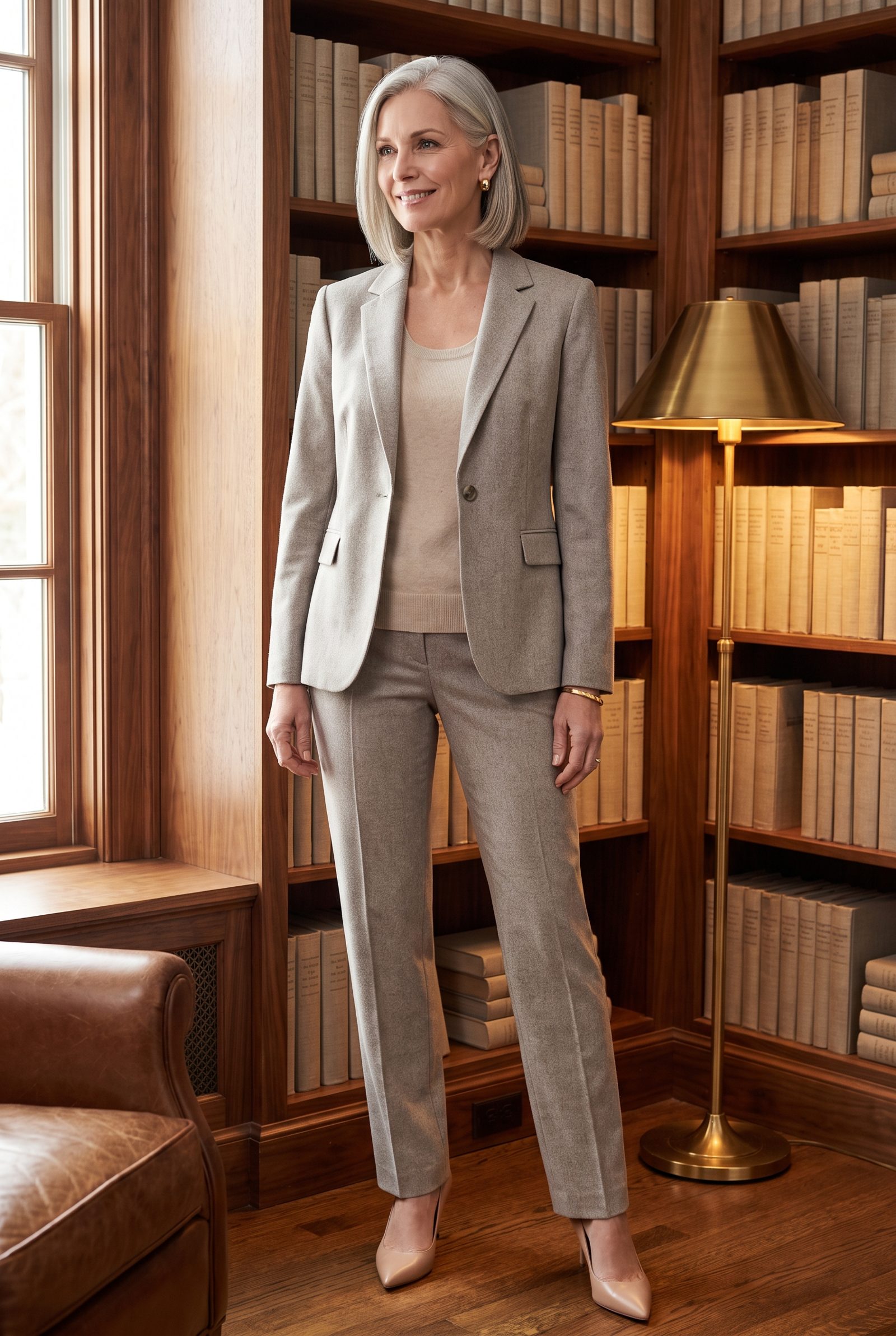 Stone Trouser Suit With a Tonal Cashmere Shell
