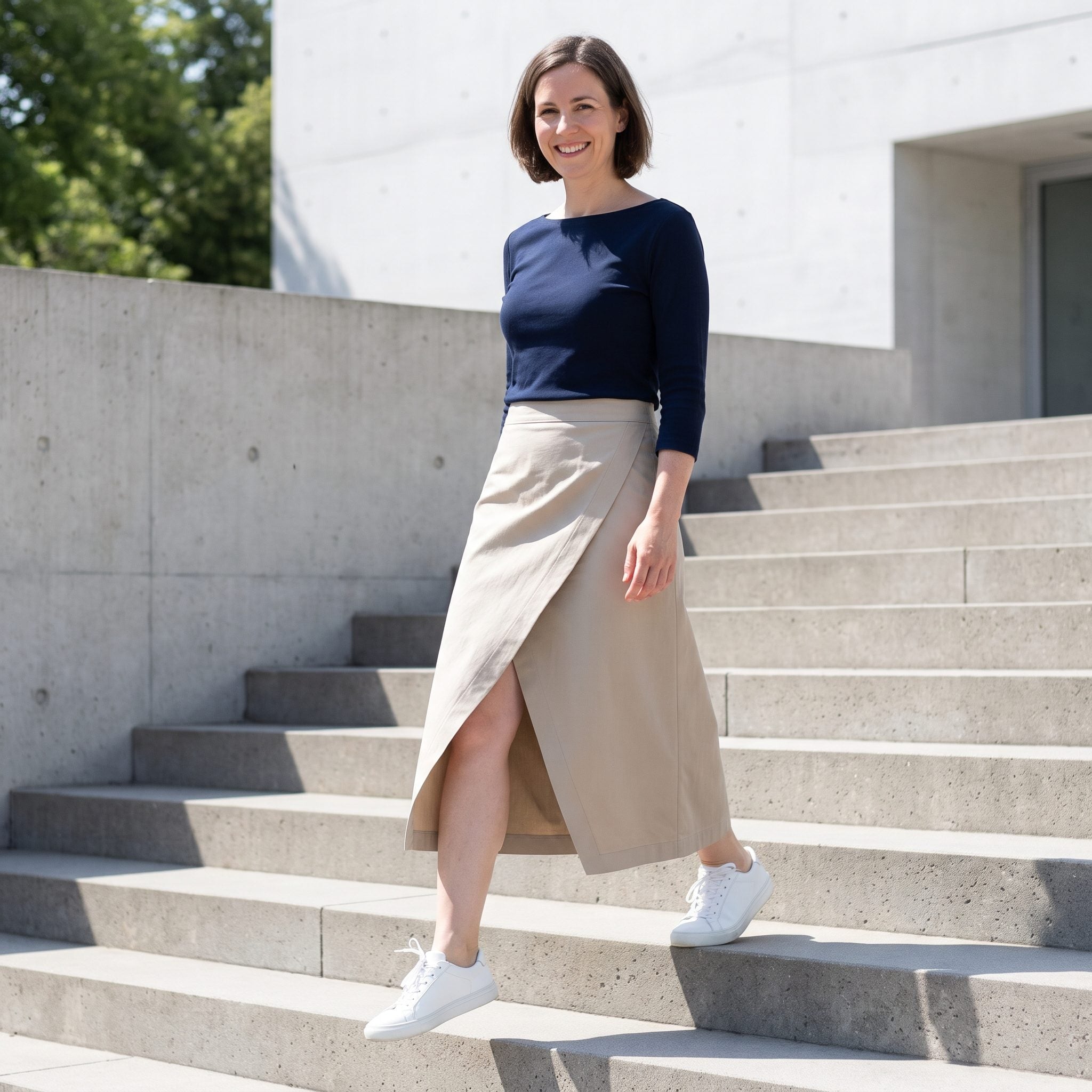 Stone Twill Wrap Skirt with a Graphic Diagonal Edge