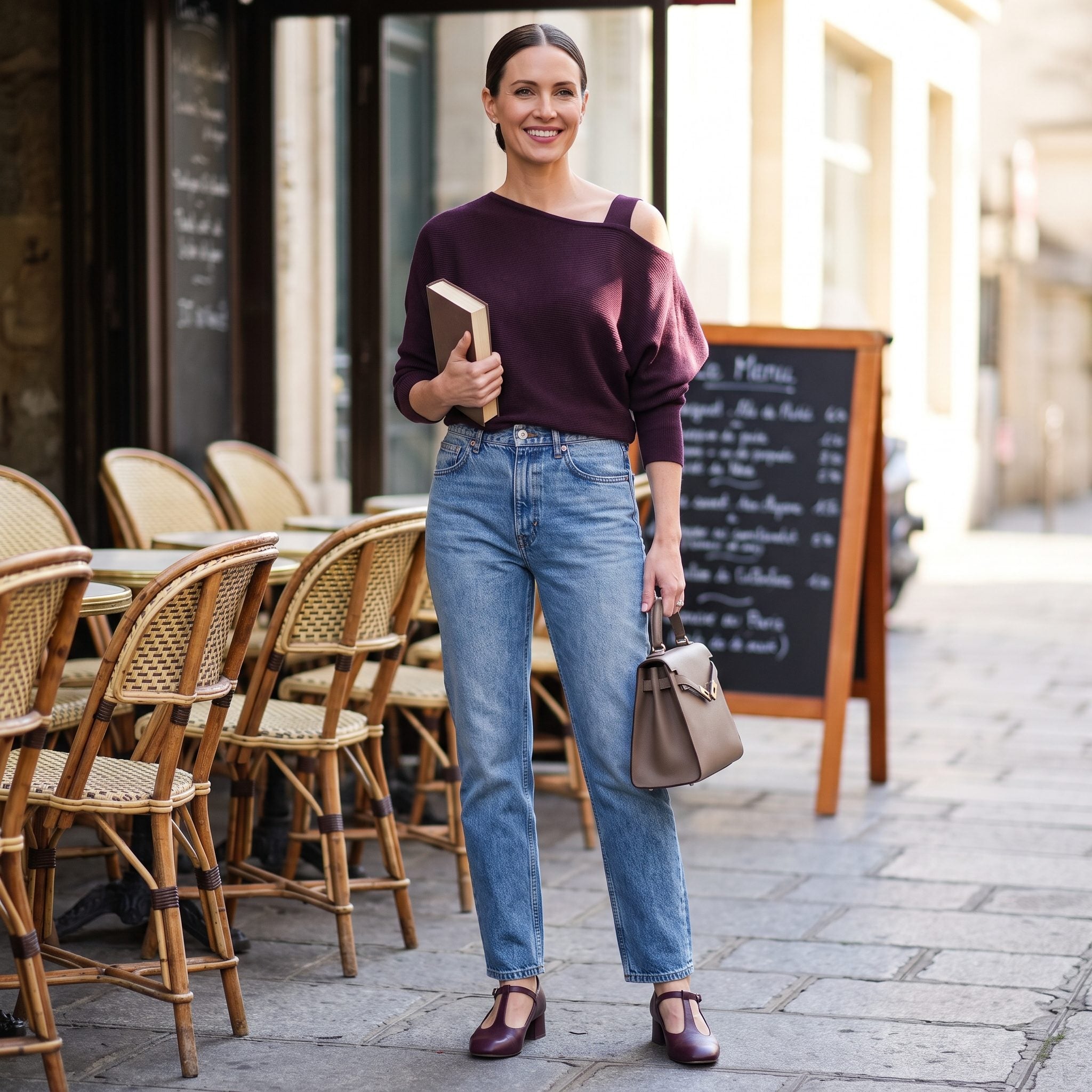 Stonewashed Straight Jeans + a Sculpted Aubergine Knit