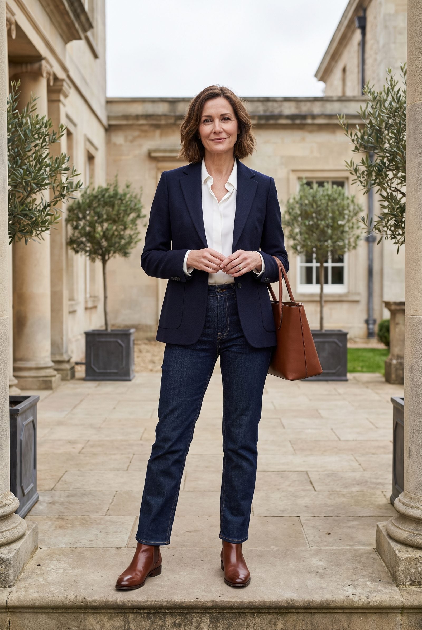 Woman in a garden doorway wearing mid-blue straight-leg jeans that fall in an unbroken line to a plain ankle hem.