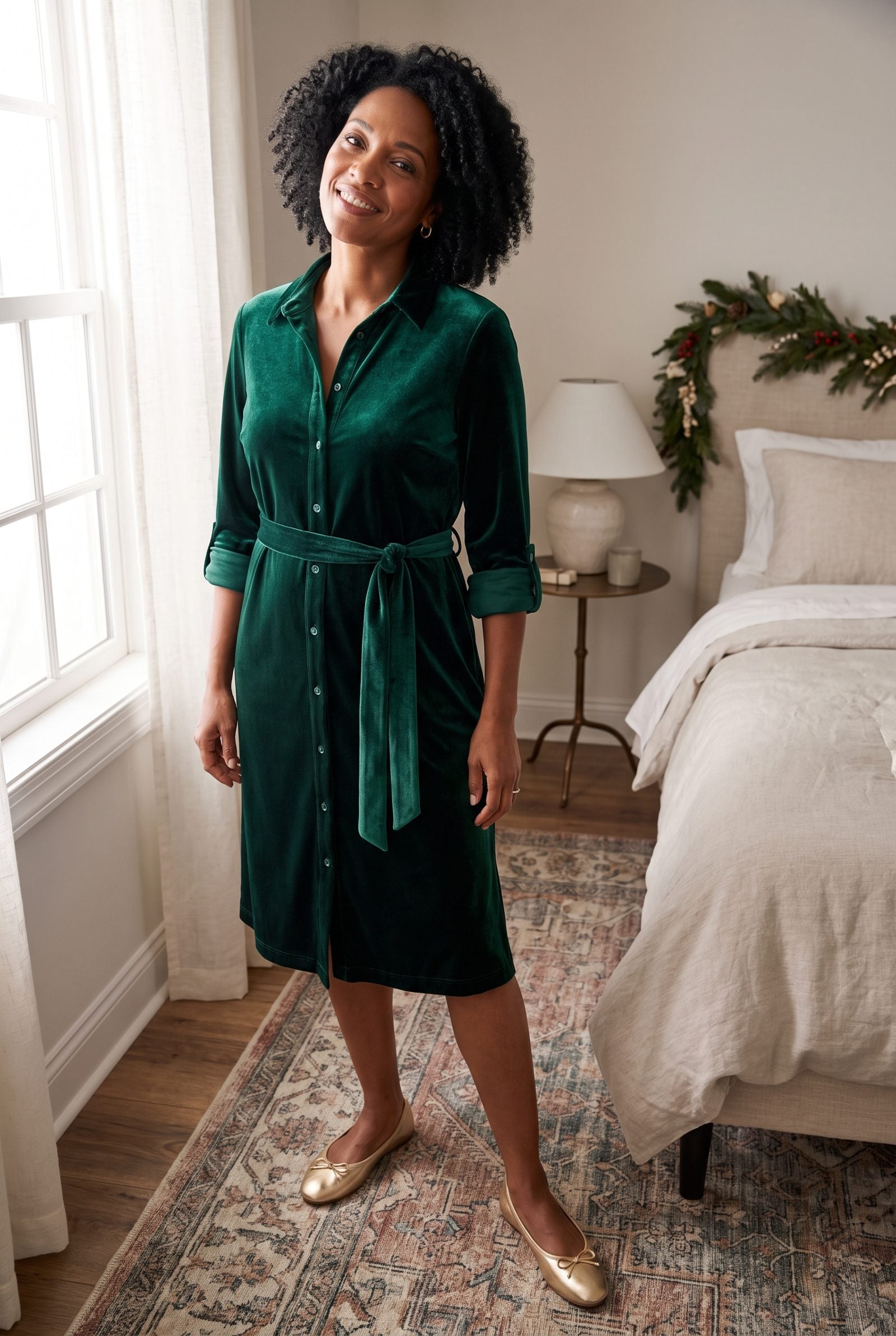 Stretch Velvet Shirtdress With Metallic Flats