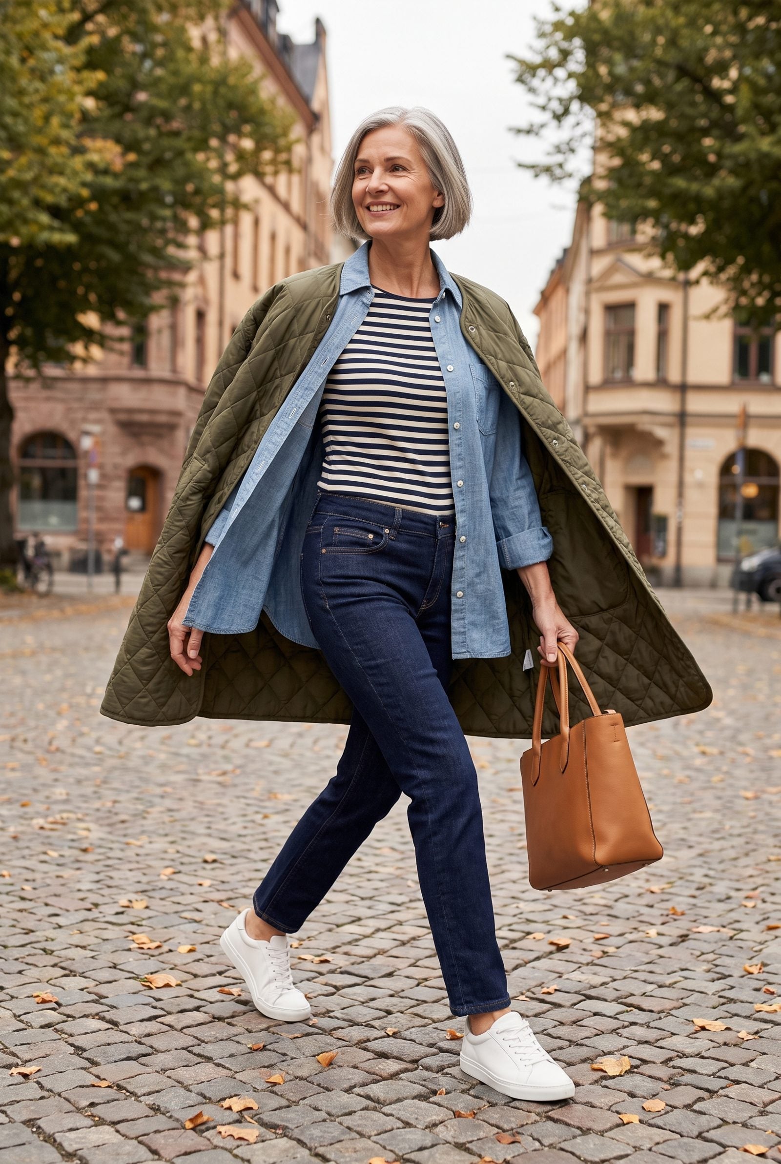 Striped Bodysuit + Chambray Overshirt + Quilted Cape