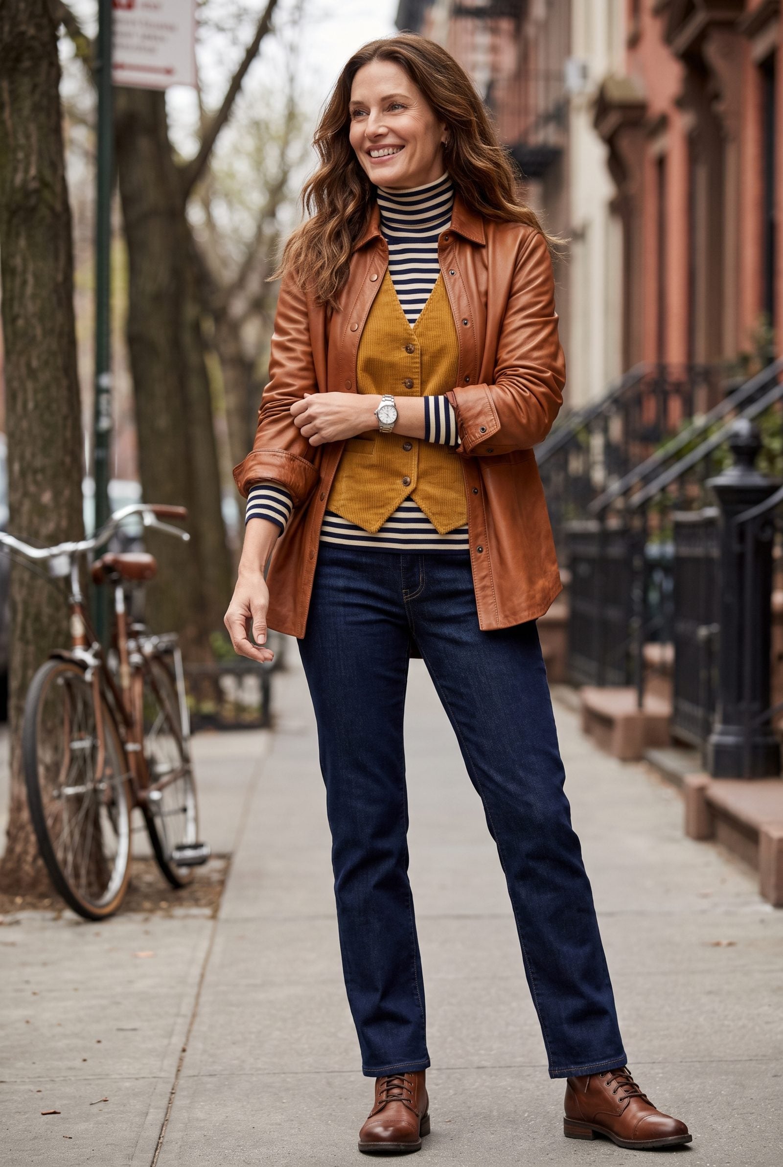 Striped Turtleneck + Corduroy Vest + Leather Shirt Jacket