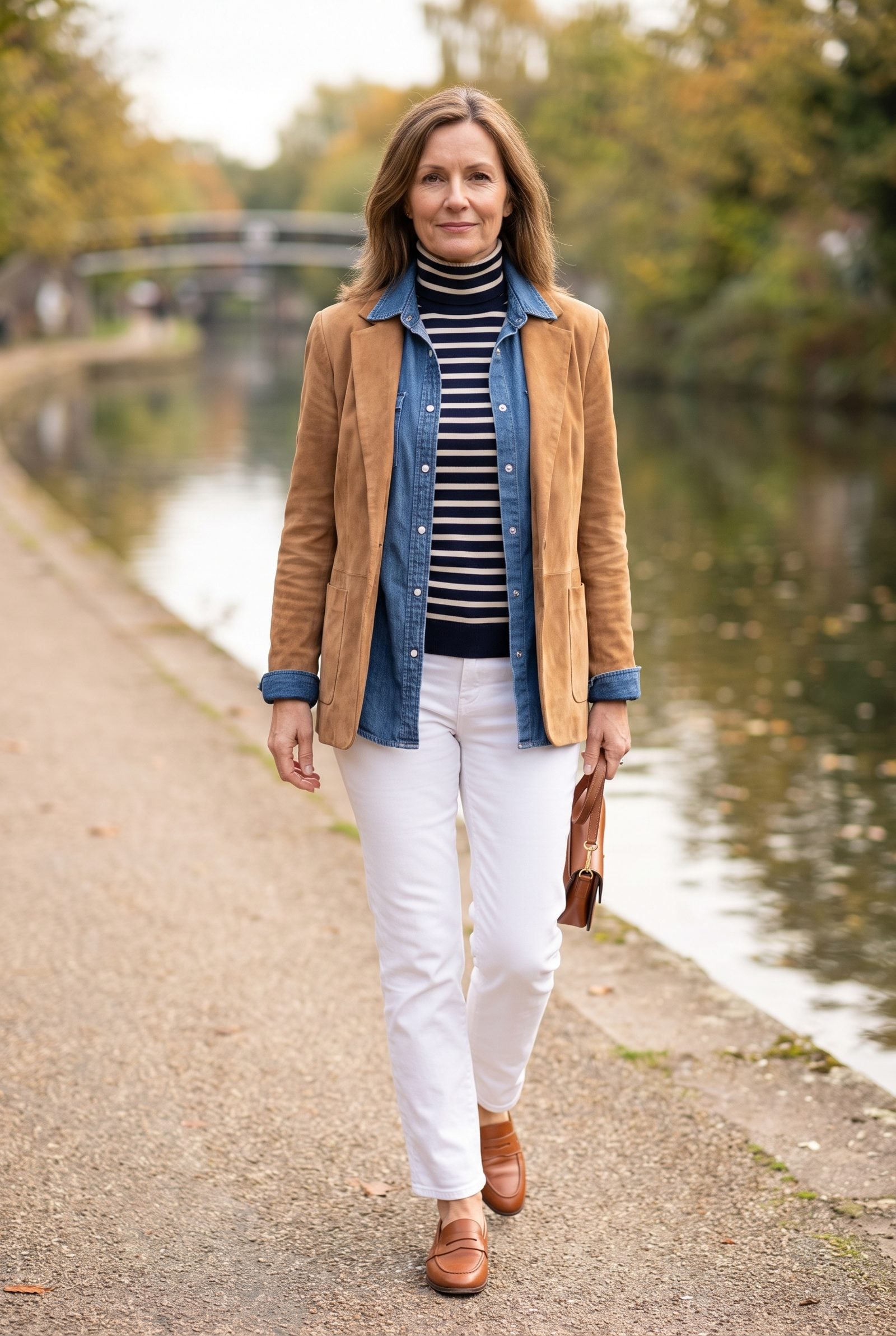 Striped Turtleneck + Denim Shirt + Tan Suede Blazer