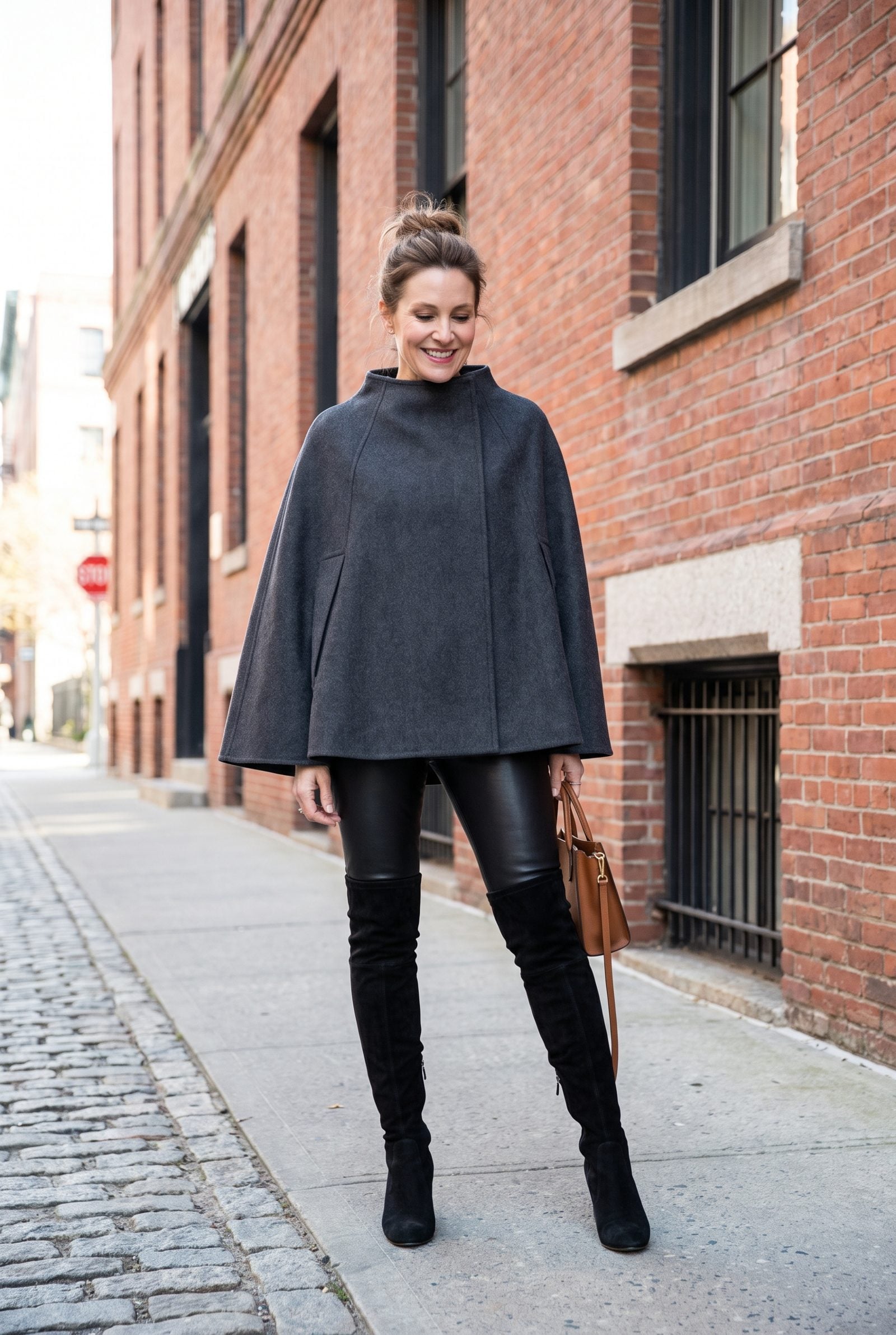 Structured Poncho With Slim Pants and Over-the-Knee Boots