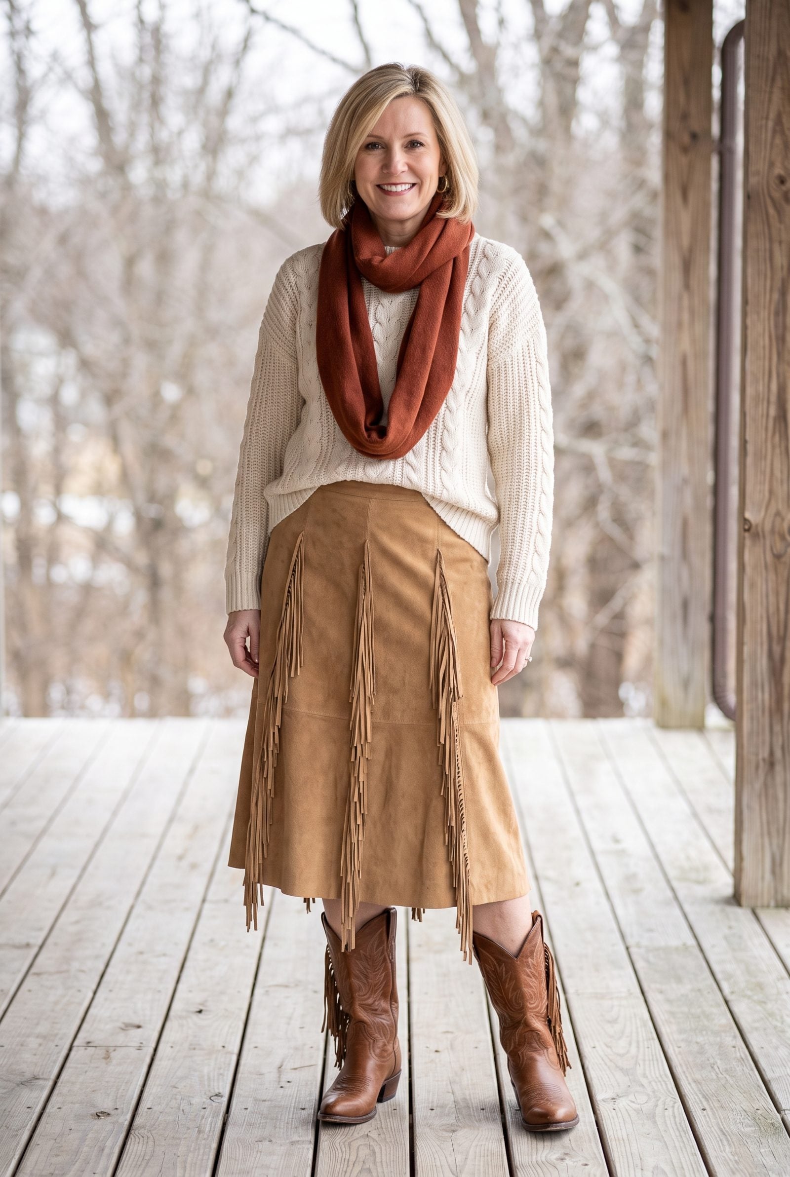 Suede Fringe Skirt With Classic Cowboy Boots