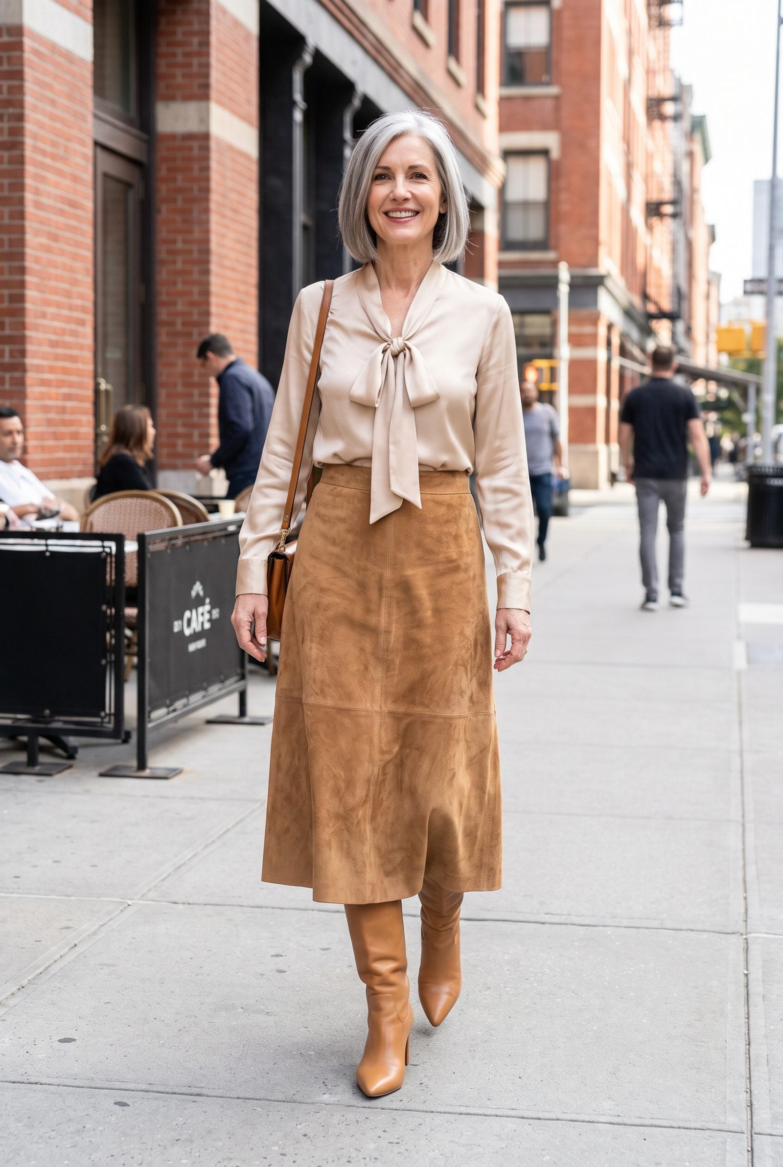 Suede Midi Skirt With a Satin Bow Blouse