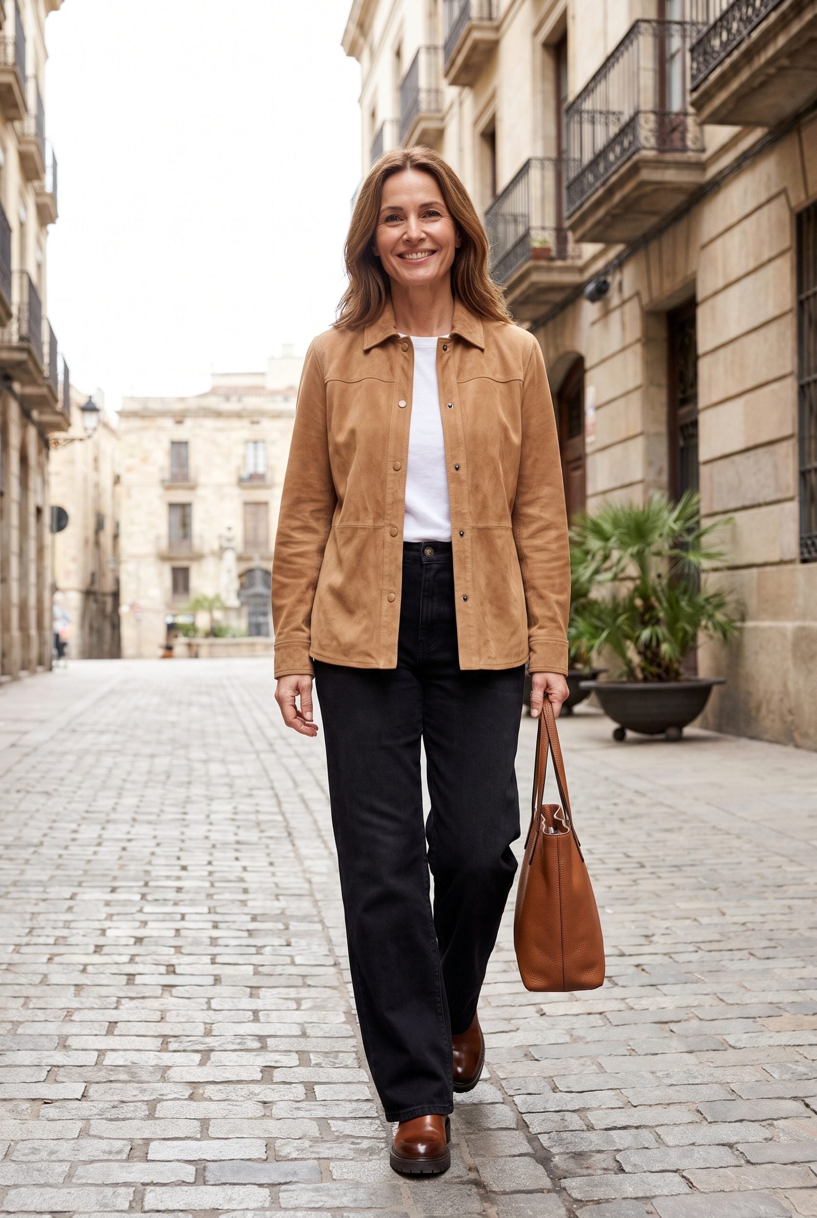 Suede Shirt Jacket With Black Wide-Leg Jeans