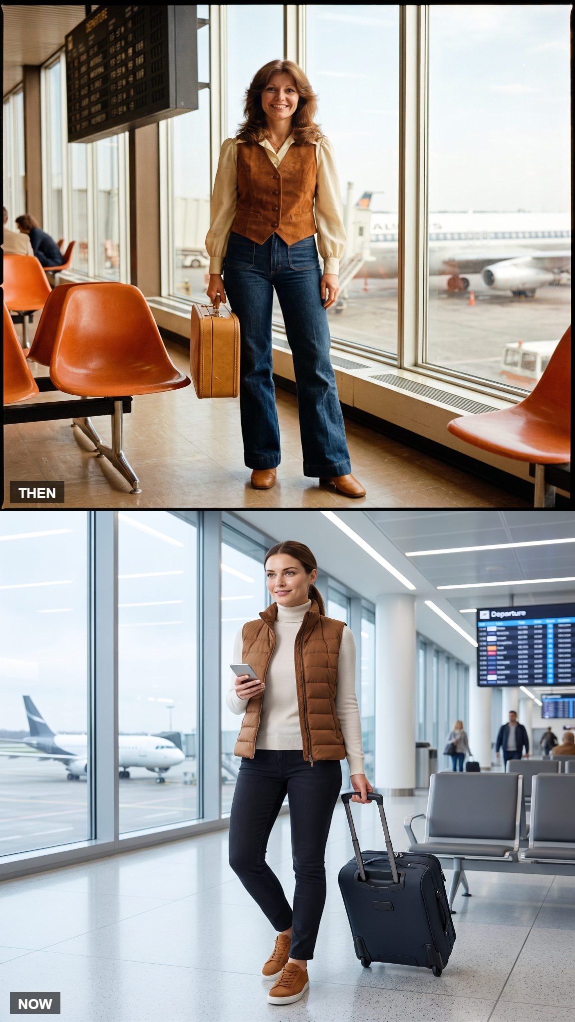 Vintage suede waistcoat and denim compared with a contemporary quilted travel vest