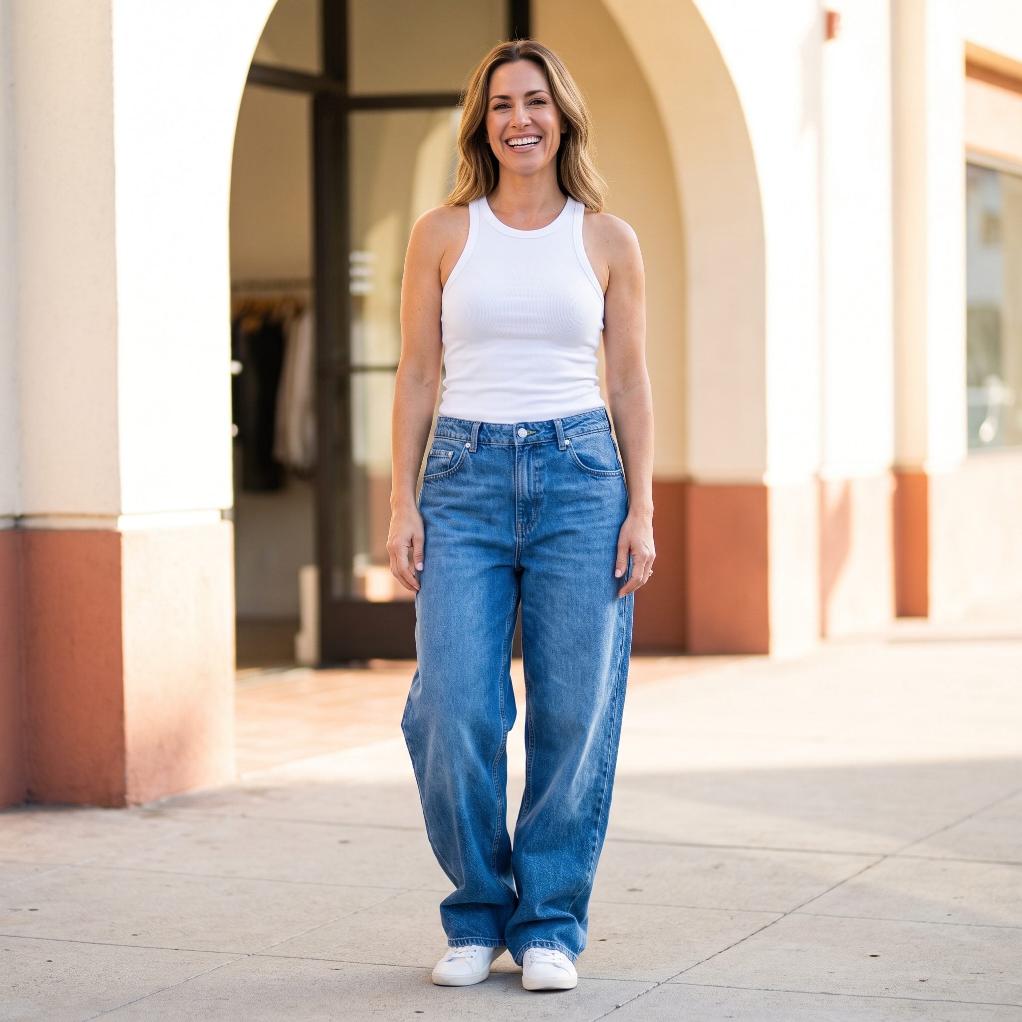 Summer outfit with baggy jeans, a white racerback tank, and low-profile sneakers