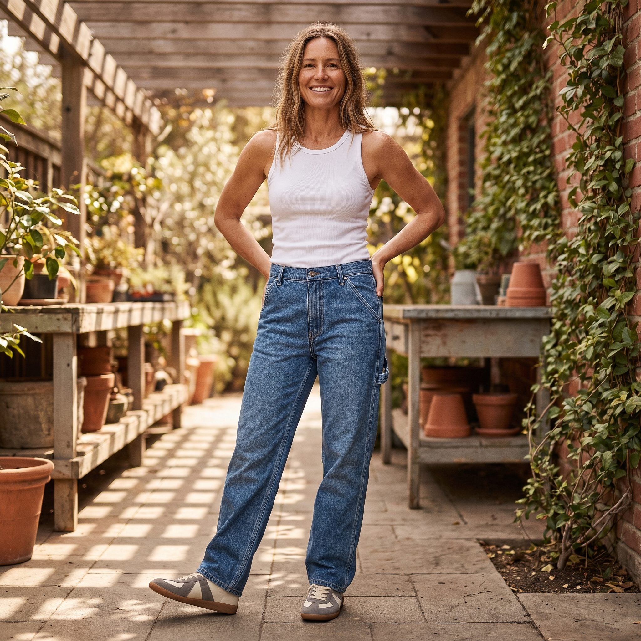 Summer outfit with carpenter jeans, a white ribbed tank, and gray retro sneakers