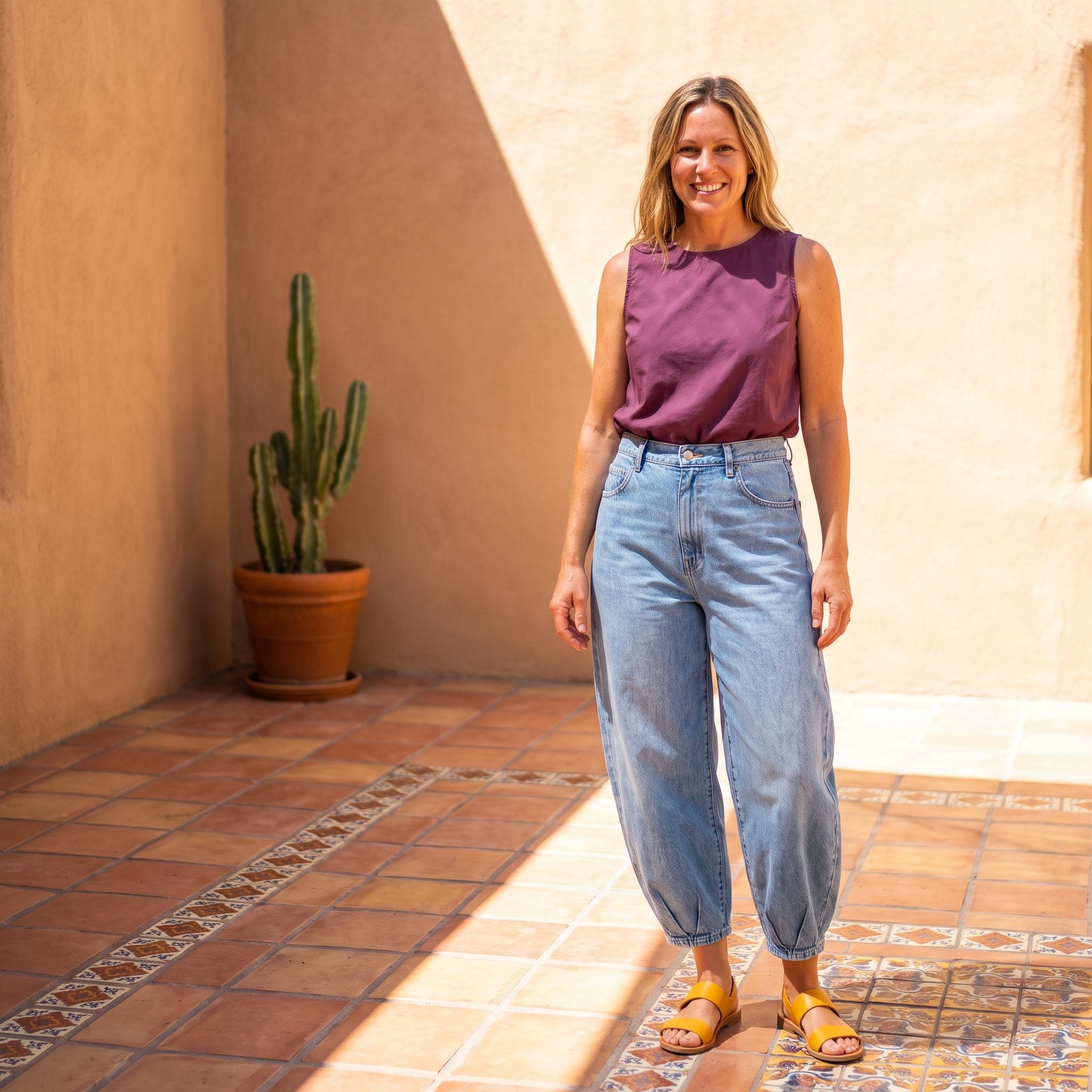 Summer outfit with cropped balloon jeans, a plum poplin top, and saffron accents