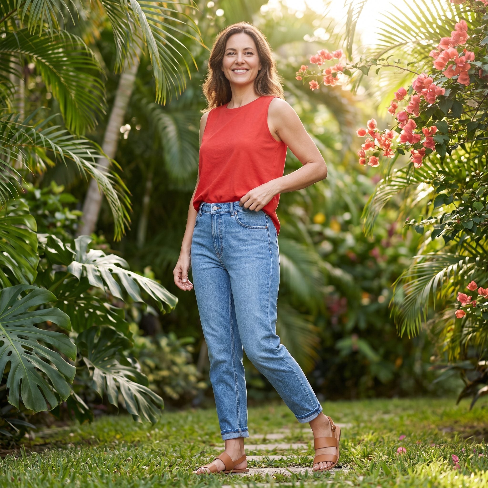 Summer outfit with cuffed mom jeans, a tomato-red sleeveless blouse, and tan sandals