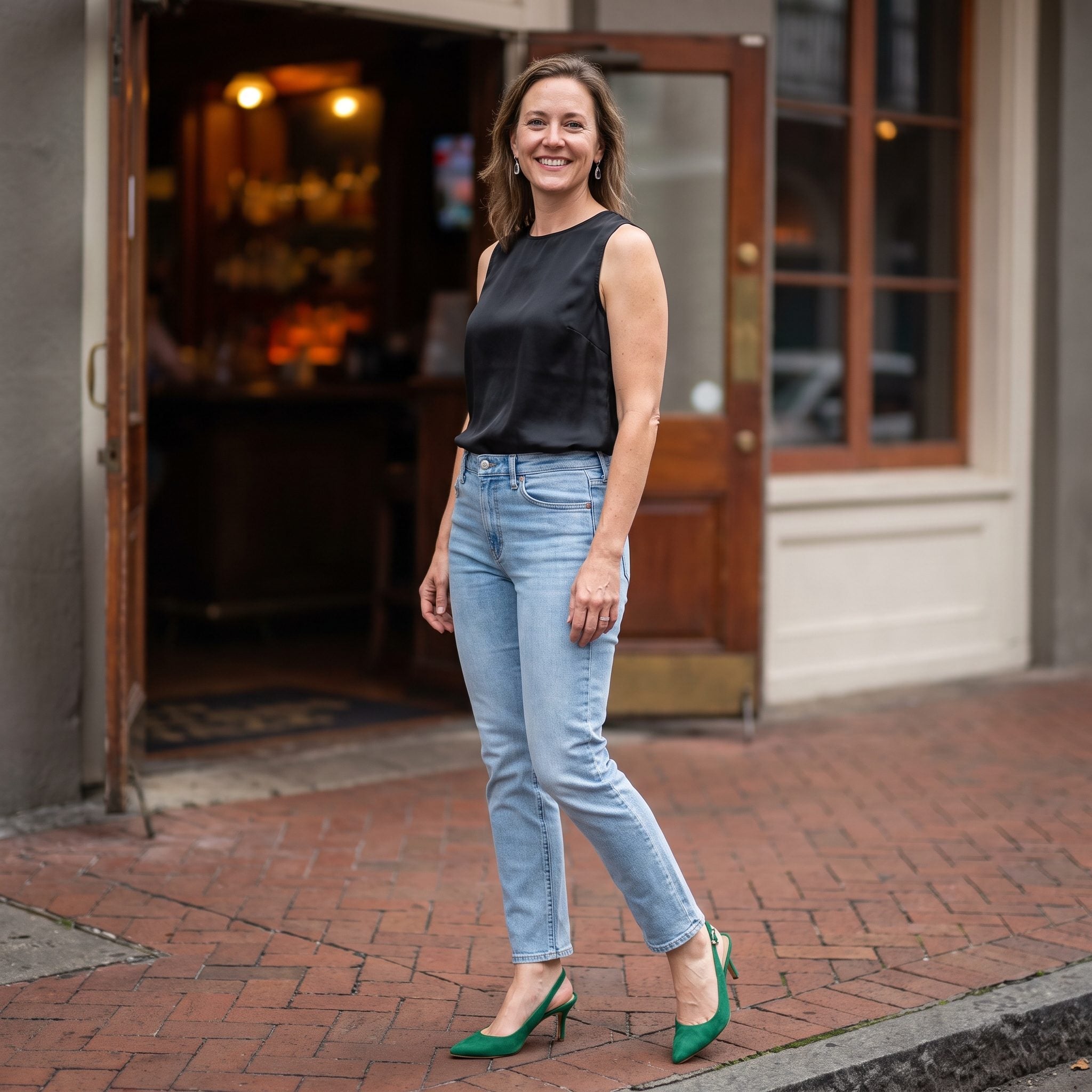 Summer evening outfit with light slim-straight jeans, black silk, and emerald slingbacks