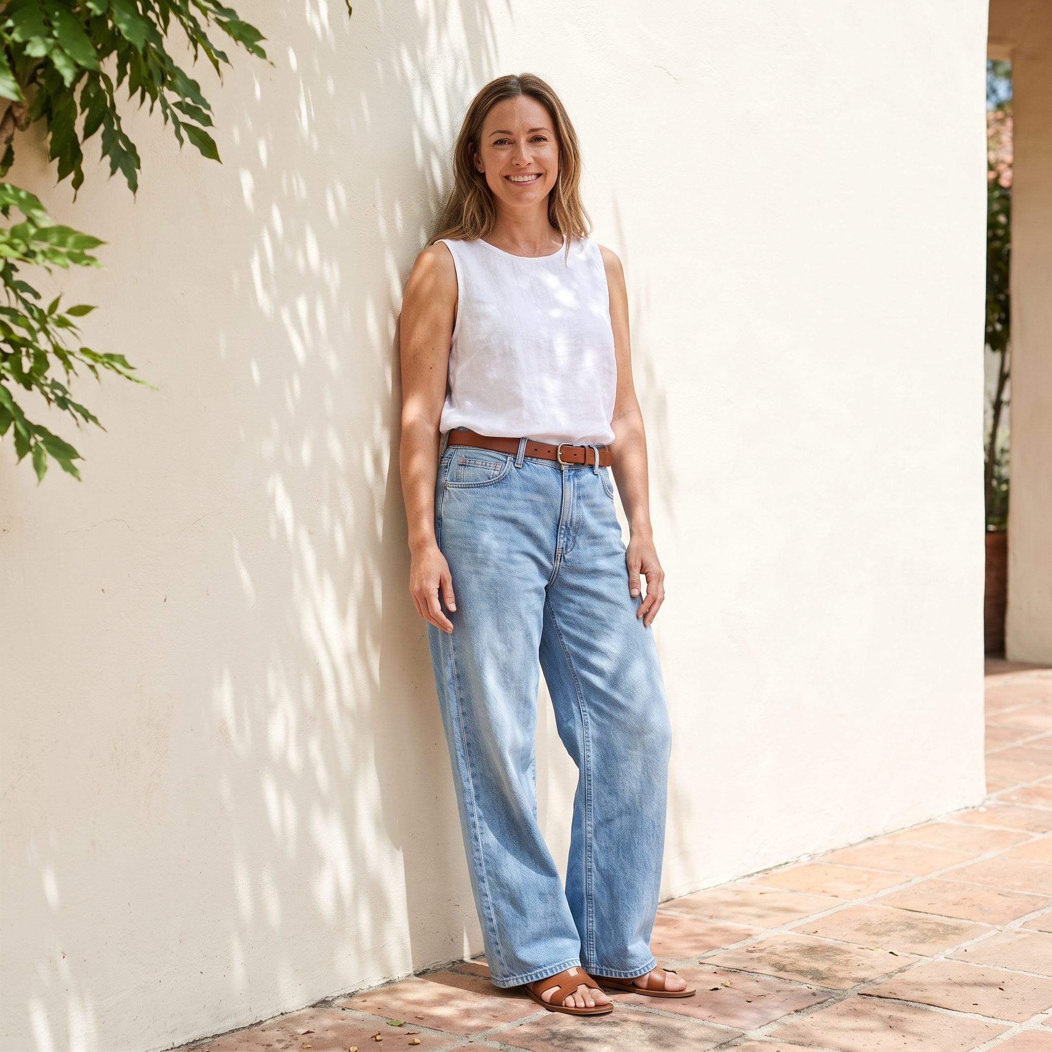 Summer outfit with loose light-blue jeans, a white sleeveless top, and a brown belt