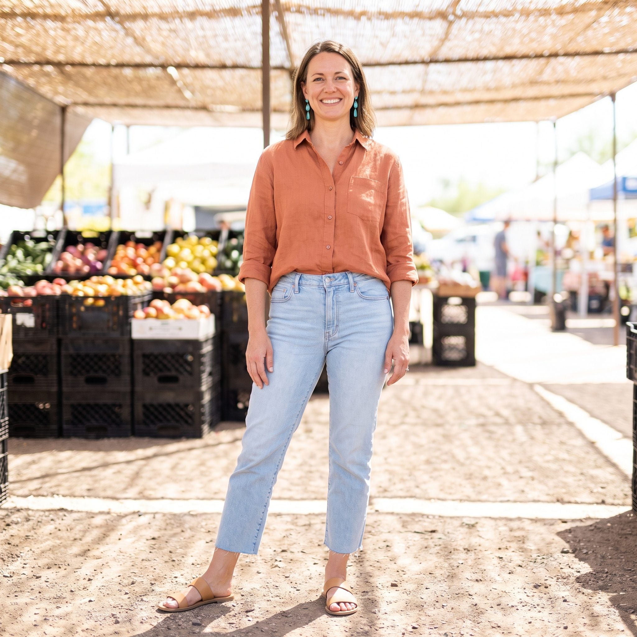 Summer outfit with pale raw-hem jeans, a terracotta linen shirt, and turquoise earrings