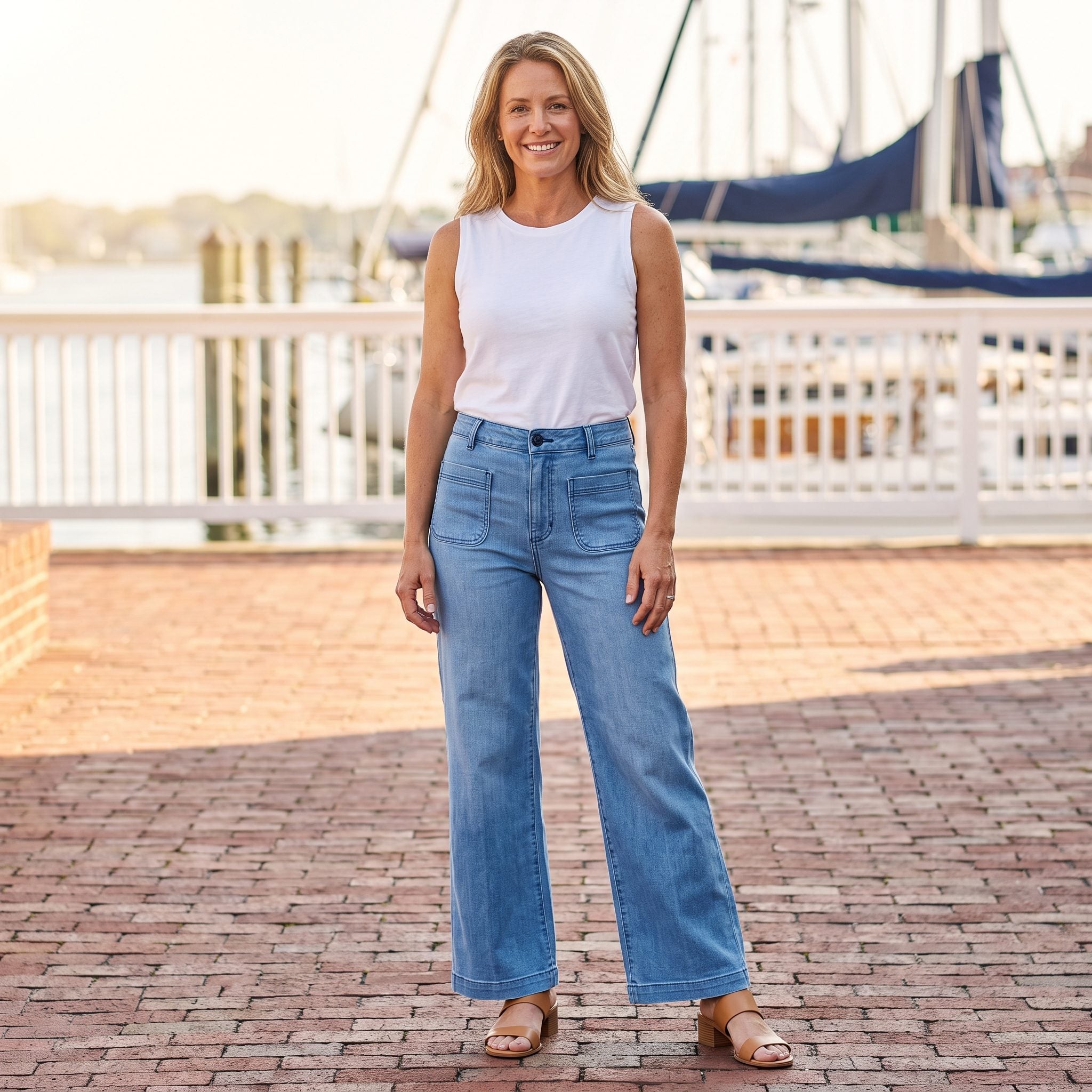 Summer outfit with high-waisted sailor jeans, a white sleeveless top, and tan sandals
