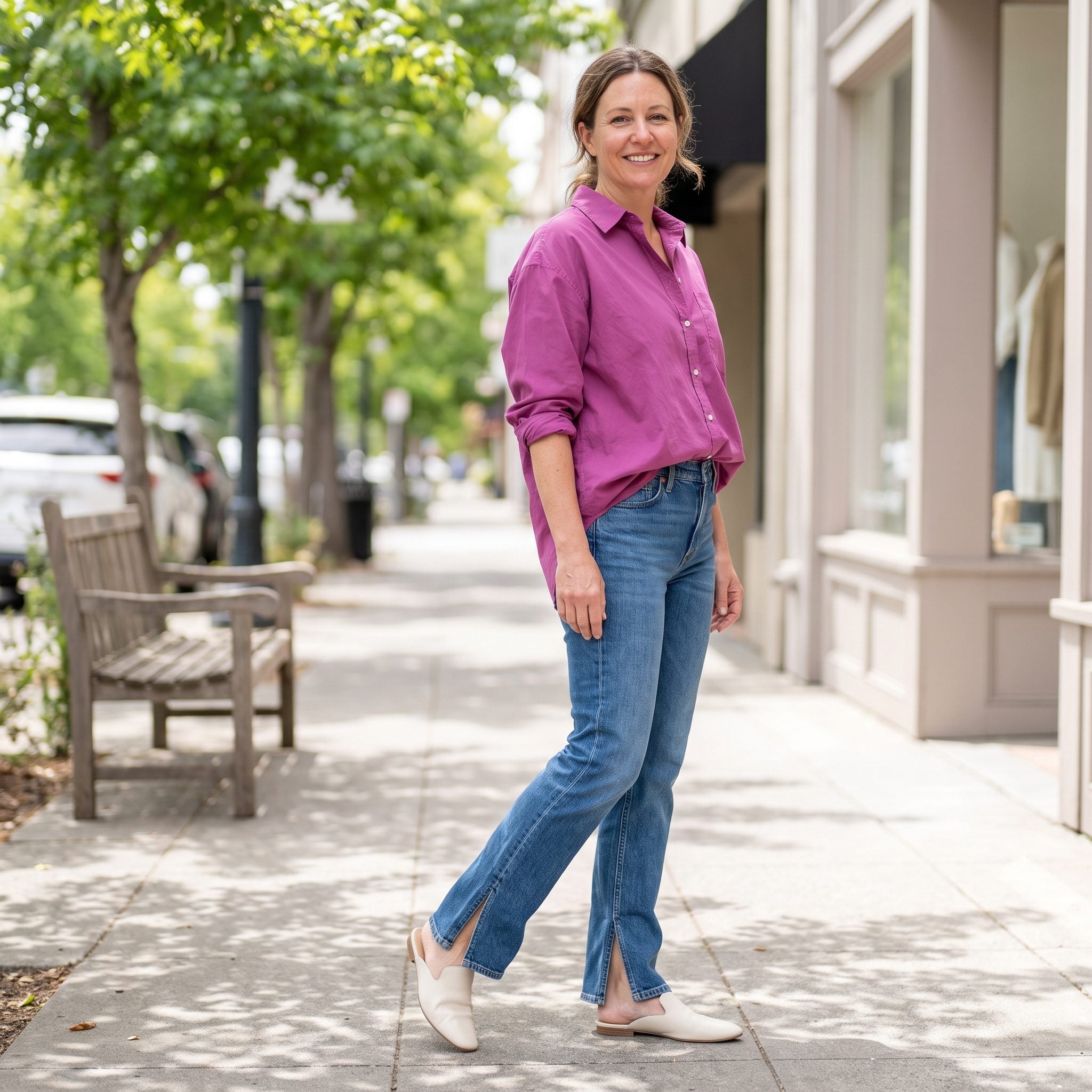 Summer outfit with split-hem straight jeans, a magenta shirt, and ivory mules