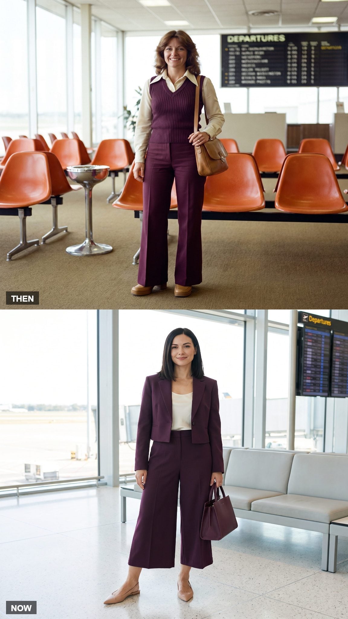 Vintage plum sweater vest and flared trousers compared with a modern plum blazer and culottes