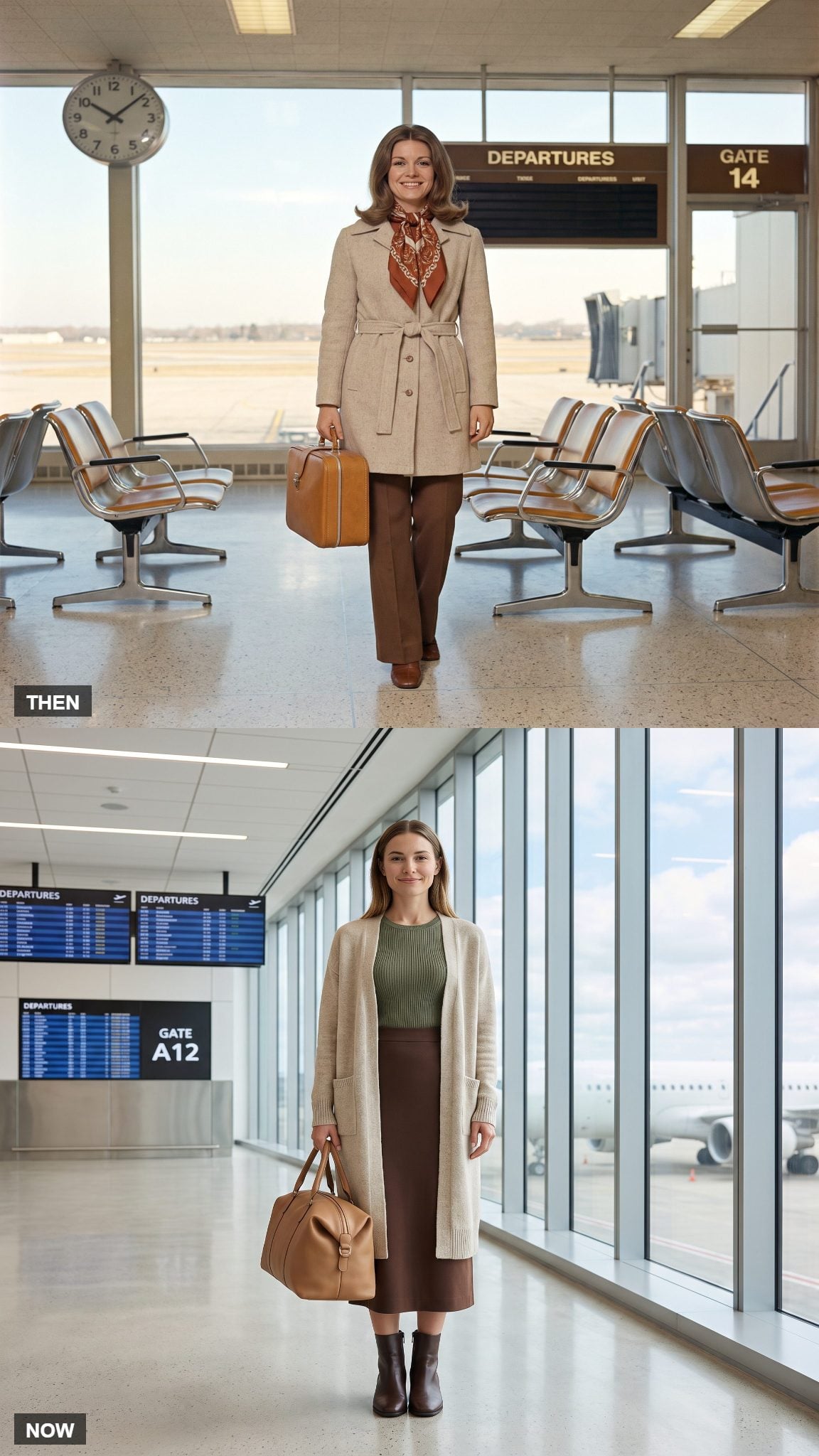 Vintage belted oatmeal sweater coat compared with modern cardigan and knit separates