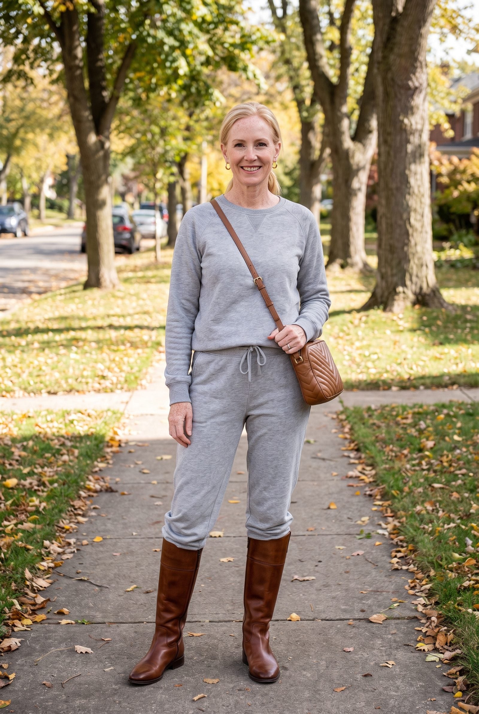 Woman in a grey cotton sweatsuit with the joggers tucked into polished brown equestrian boots, casual fabric against formal